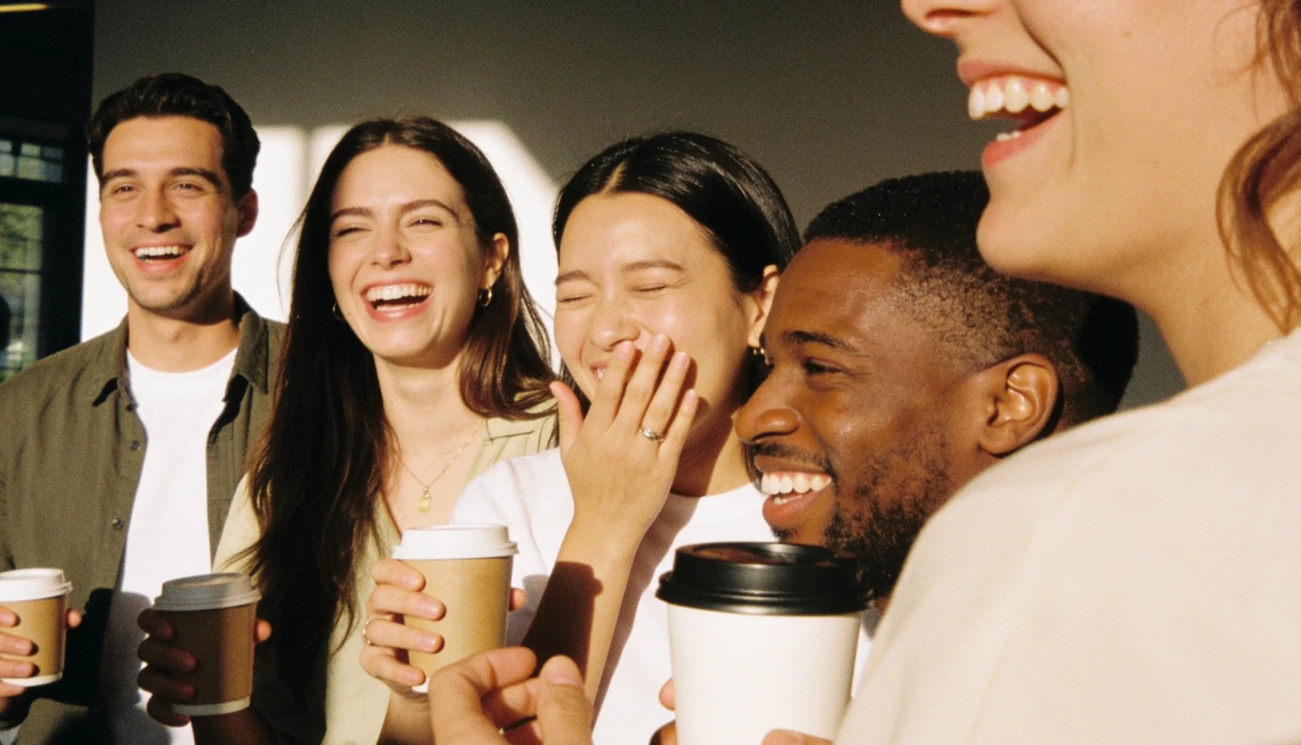 Five people stand close together, smiling and laughing, each holding a coffee cup. Sunlight streams in, casting warm light and shadows across their faces, creating a cheerful, friendly atmosphere.