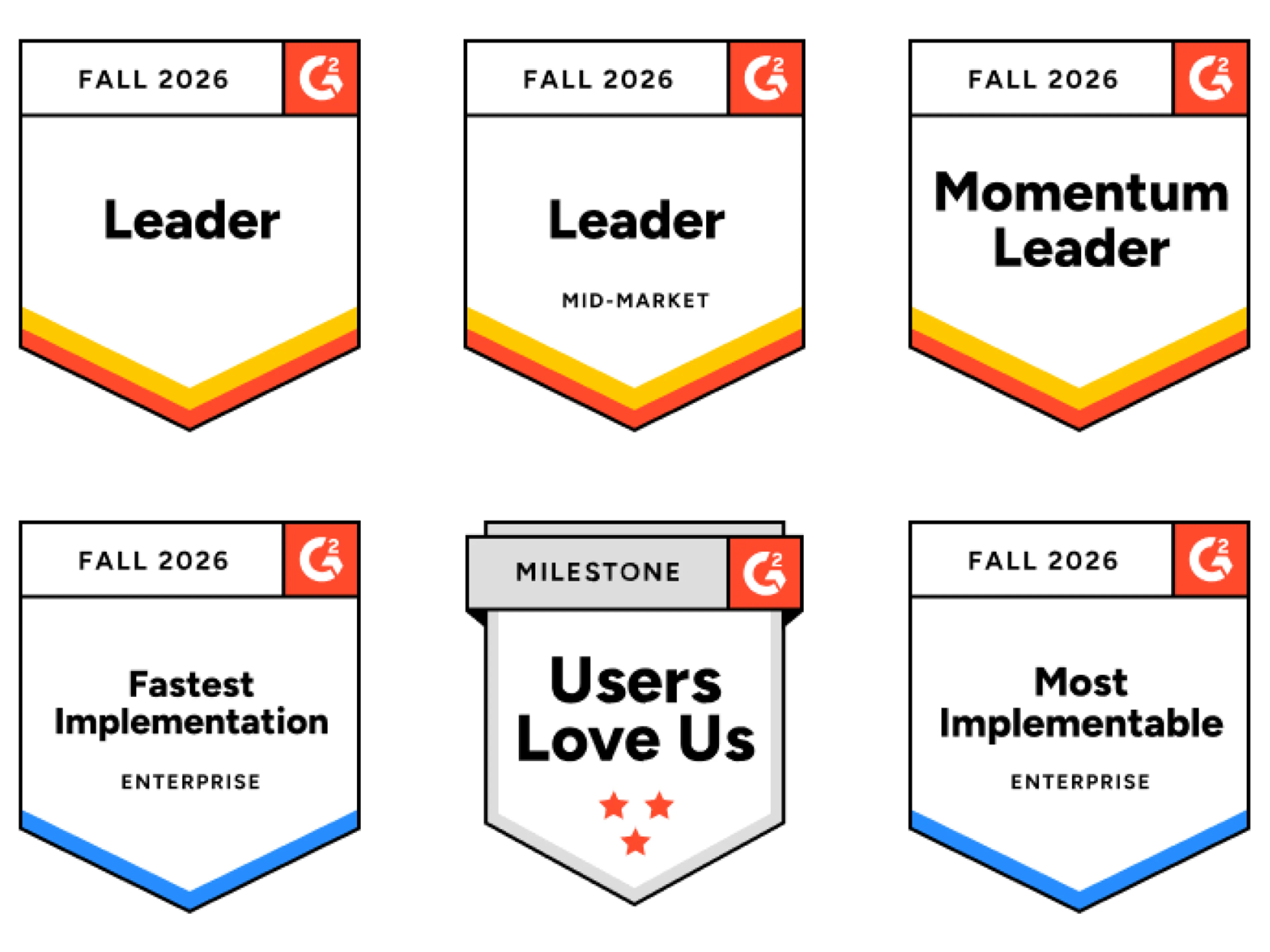 Six G2 Fall 2026 award badges featuring the titles Leader, Leader Mid-Market, Momentum Leader, Fastest Implementation Enterprise, Users Love Us, and Most Implementable Enterprise.