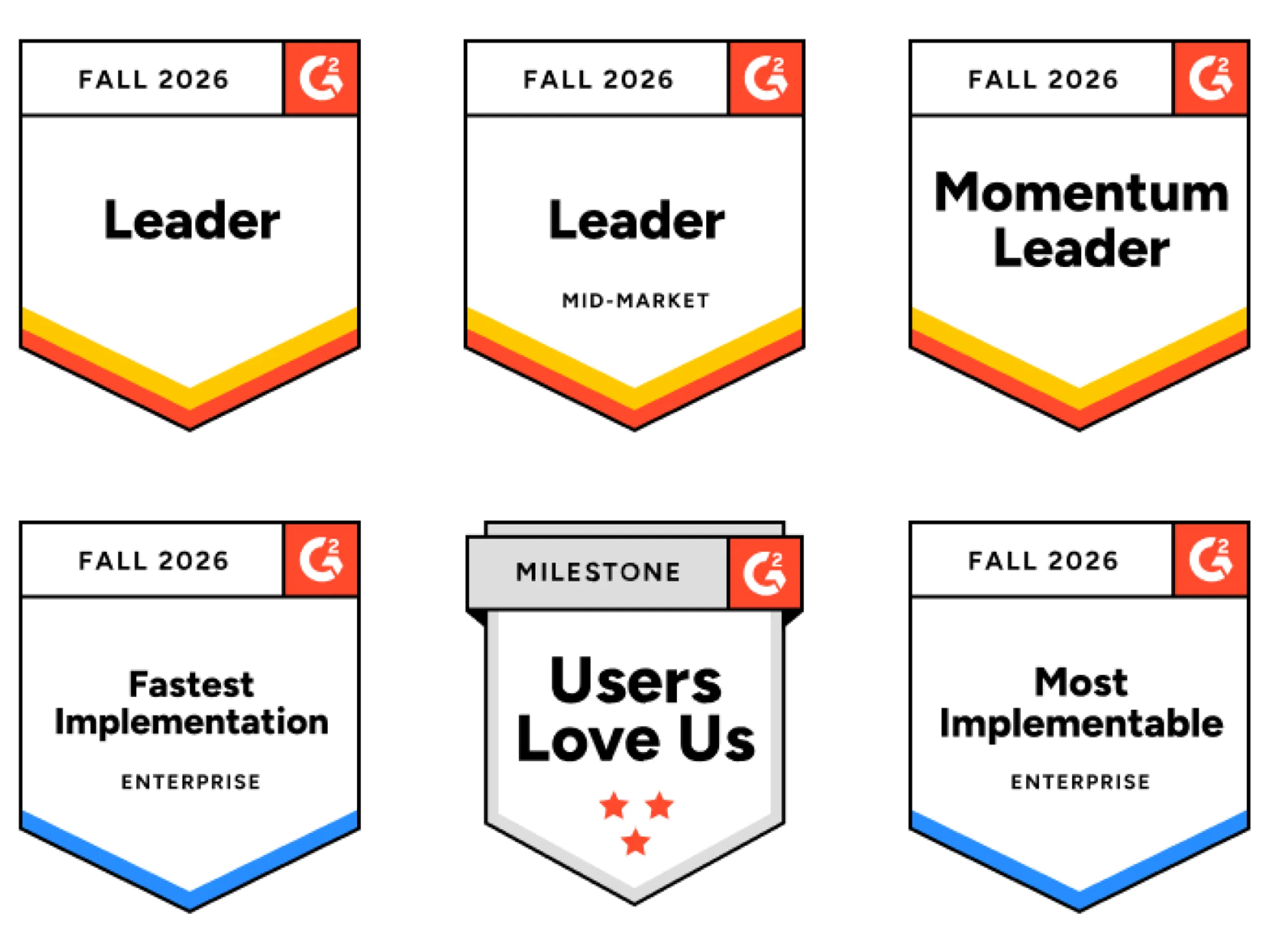 Six G2 Fall 2026 award badges featuring the titles Leader, Leader Mid-Market, Momentum Leader, Fastest Implementation Enterprise, Users Love Us, and Most Implementable Enterprise.
