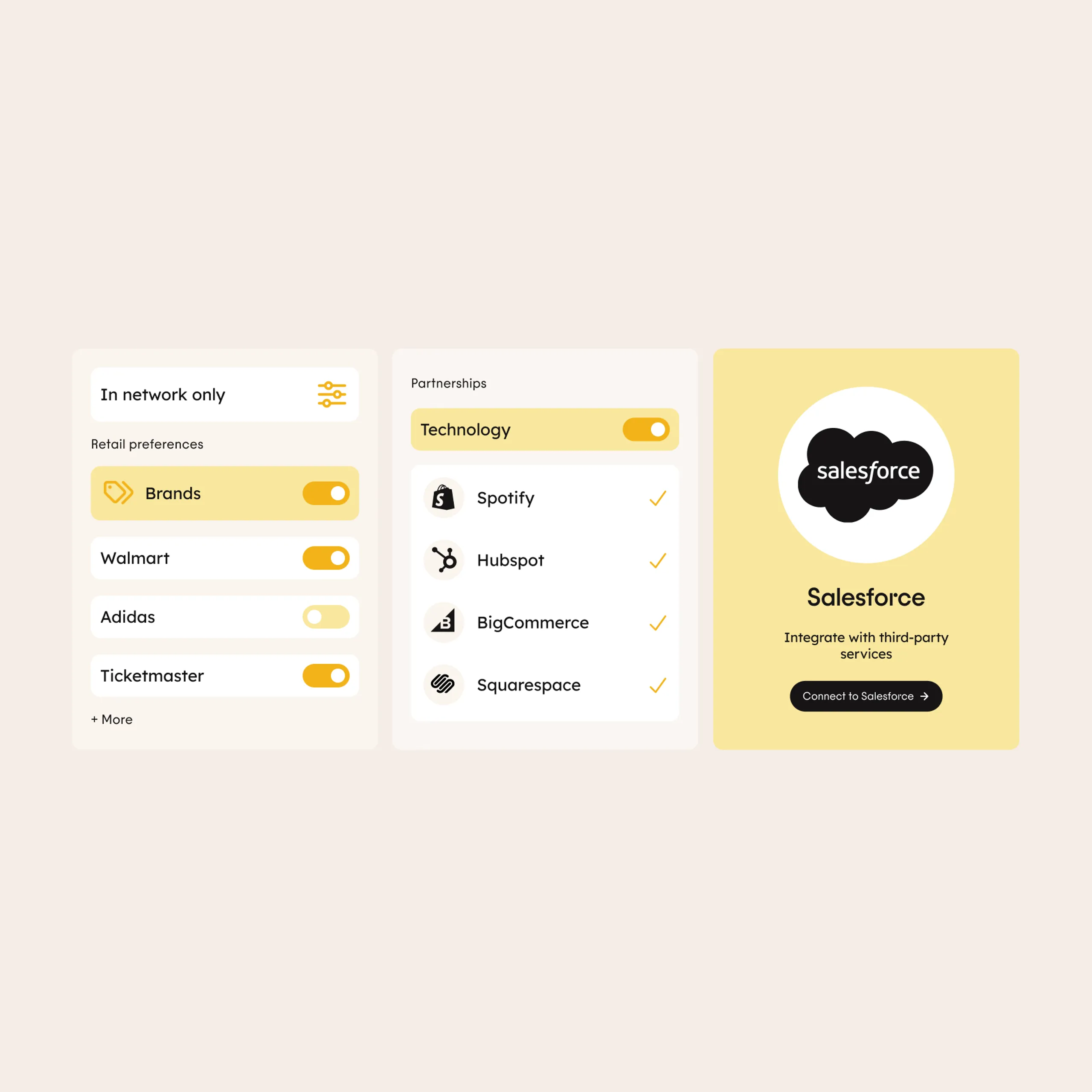 Three panels show options for retail preferences, partnerships, and technology integration. Salesforce is highlighted for third-party service integration, with buttons for brands like Walmart, Adidas, Spotify, and Hubspot.