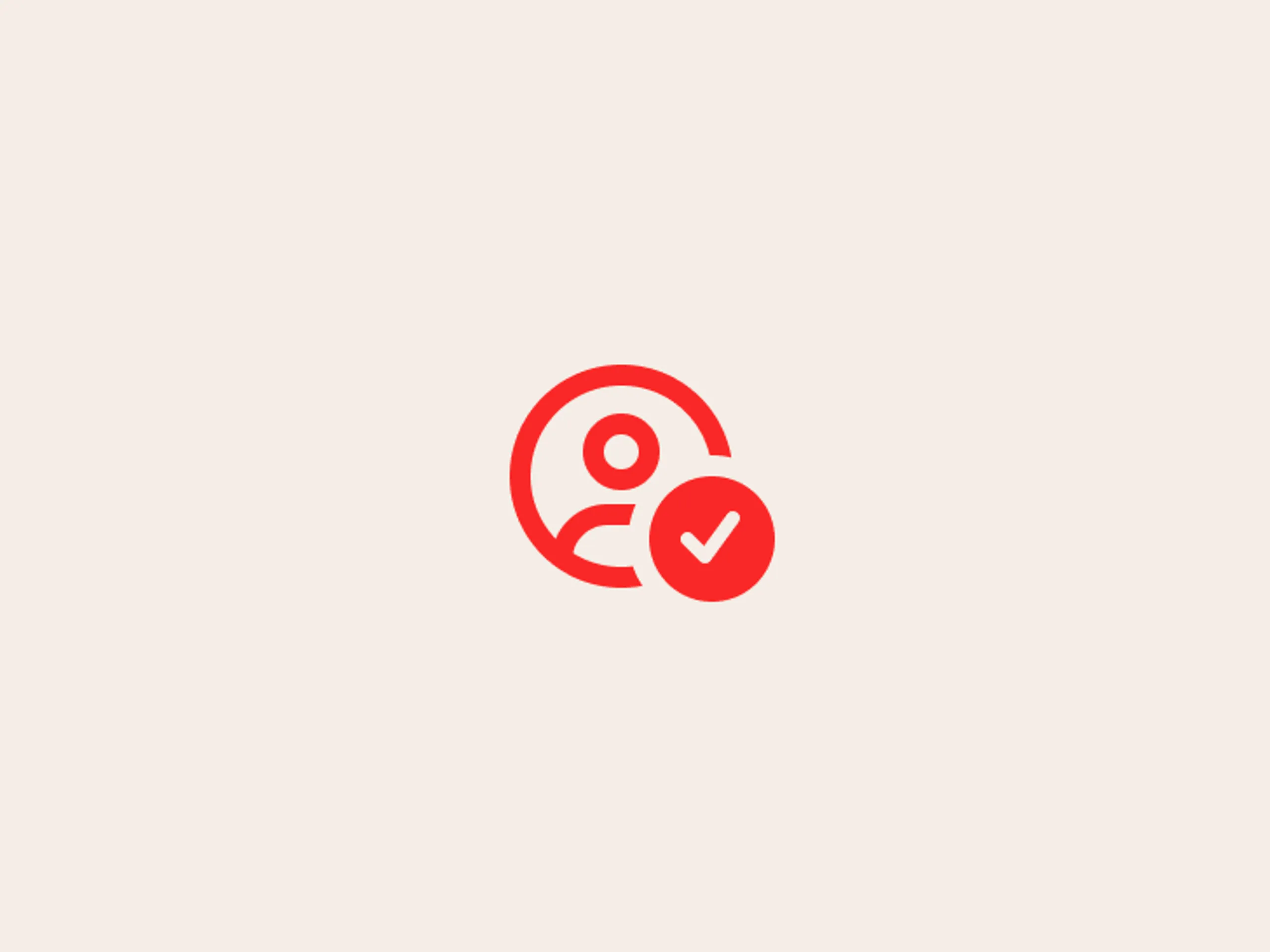 Red user icon with a checkmark in a circle on a light beige background.