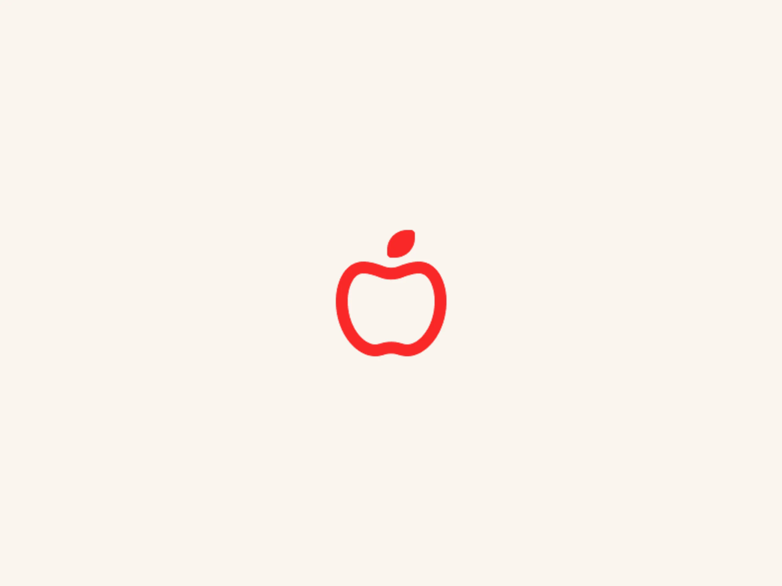 A simple red outline of an apple with a single leaf on a light beige background.
