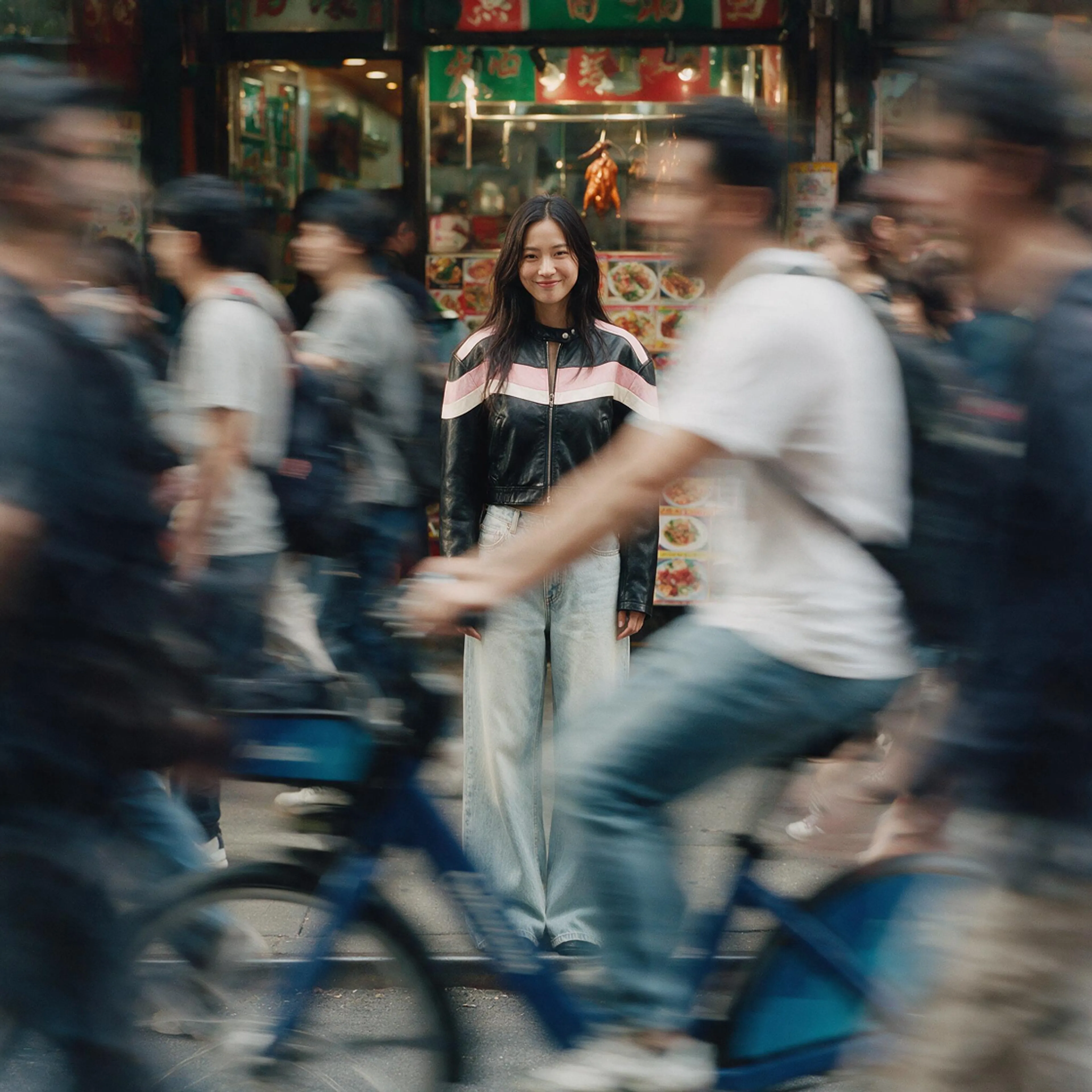 A woman in a black and pink jacket stands smiling on a busy street, in sharp focus, while people and a cyclist move around her in a blur. A restaurant with bright signs is in the background.
