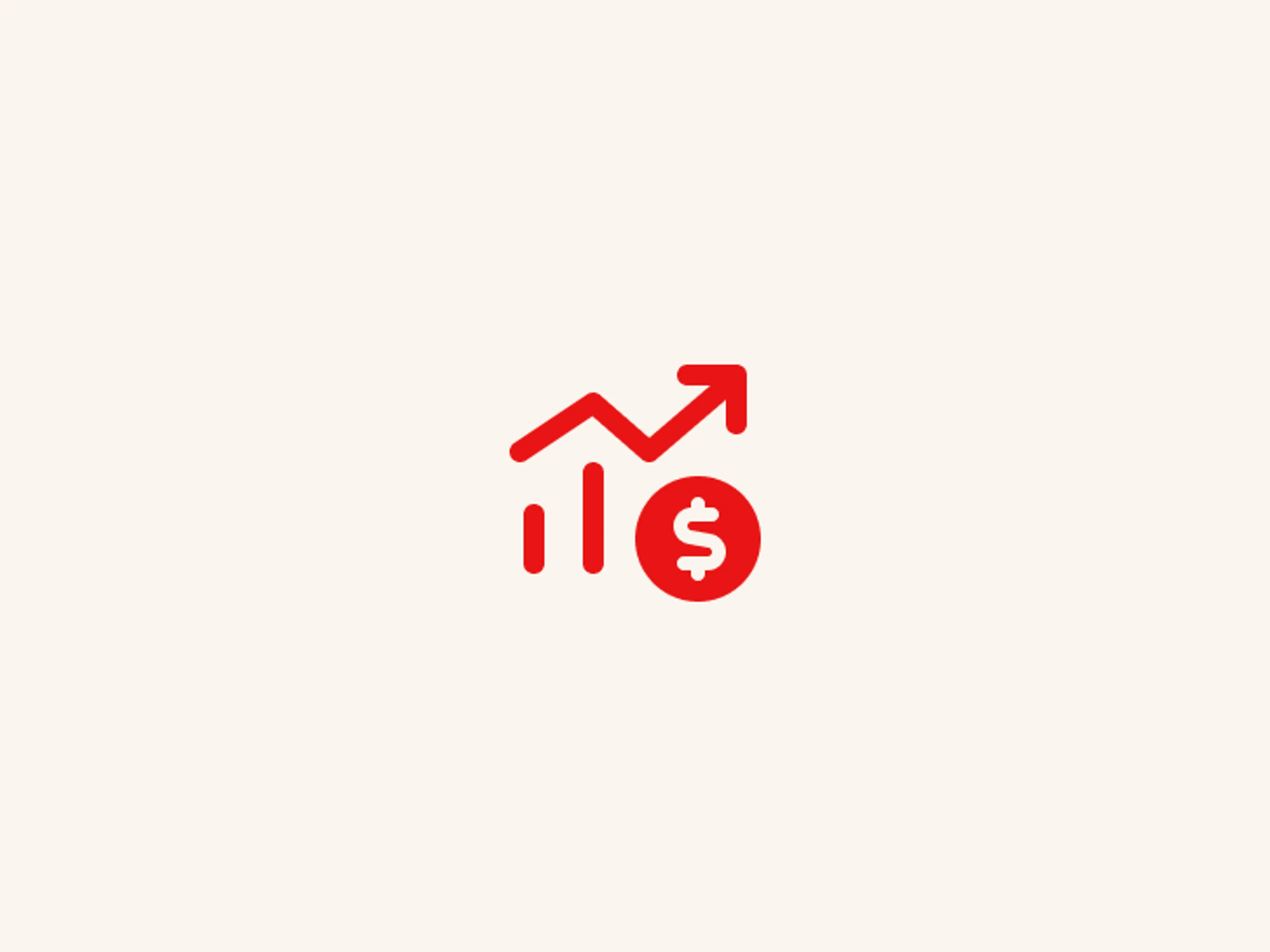 Red icon of an upward trending line graph with a dollar sign inside a circle, representing financial growth or increasing profits, on a light background.