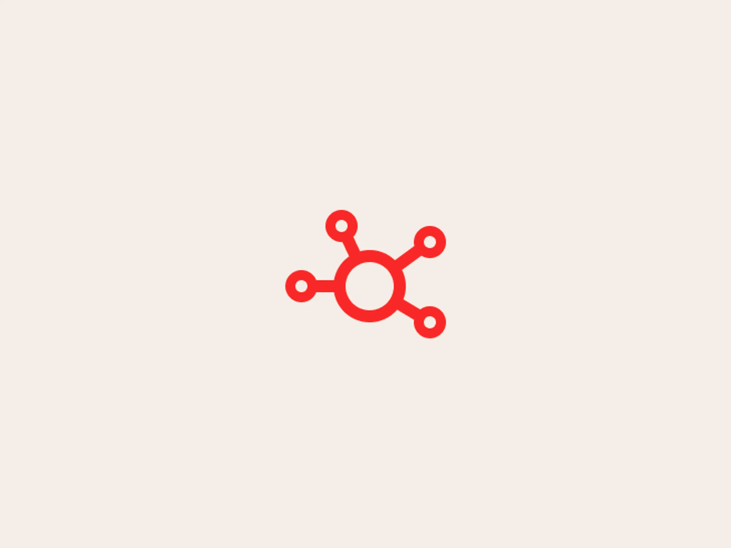 A red network or molecule icon with a central circle connected to five smaller circles by lines, on a beige background.
