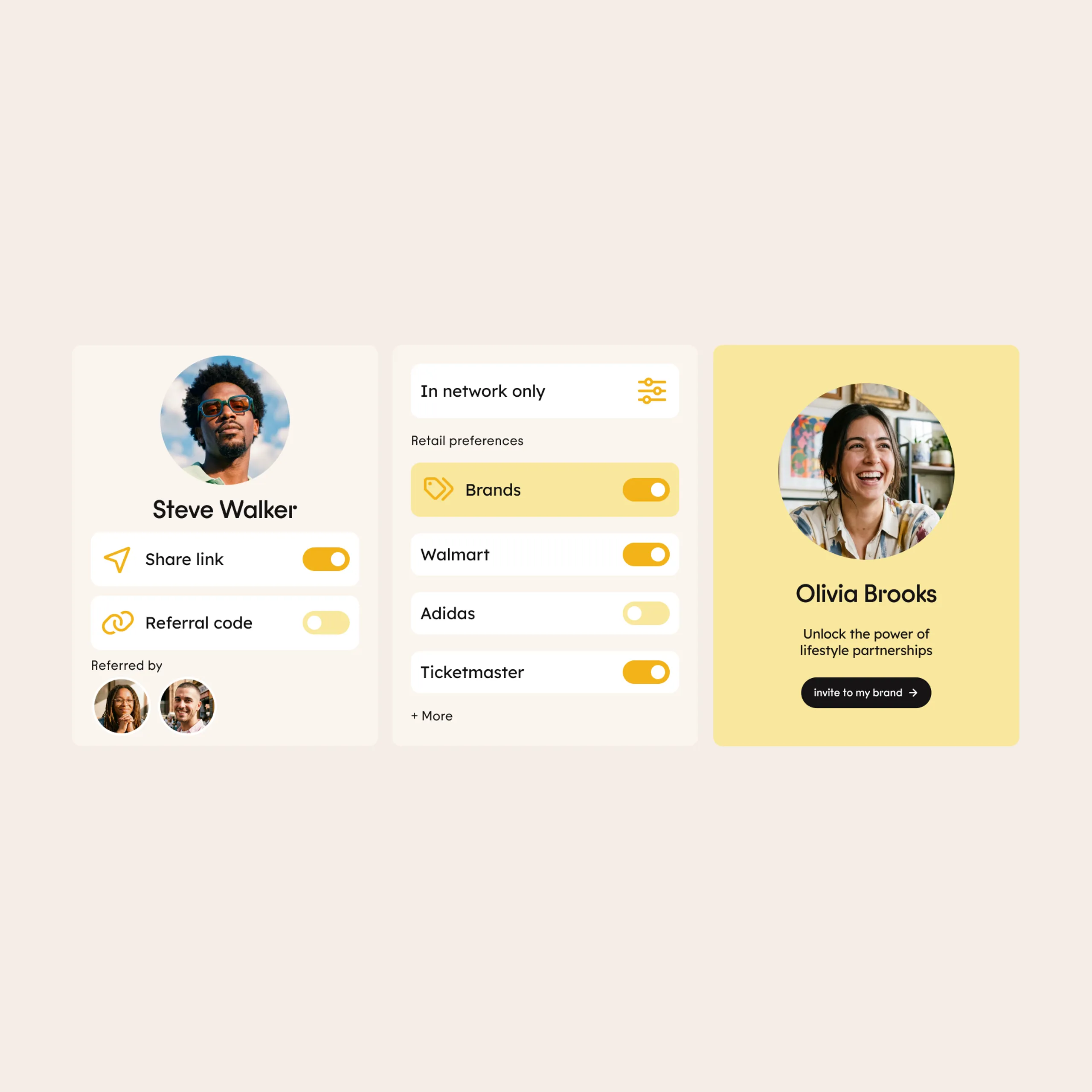 Three user profile cards: Steve Walker with share options, a preferences panel with toggles for brands, Walmart, Adidas, Ticketmaster, and Olivia Brooks with a smiling photo and invite button for lifestyle partnerships.