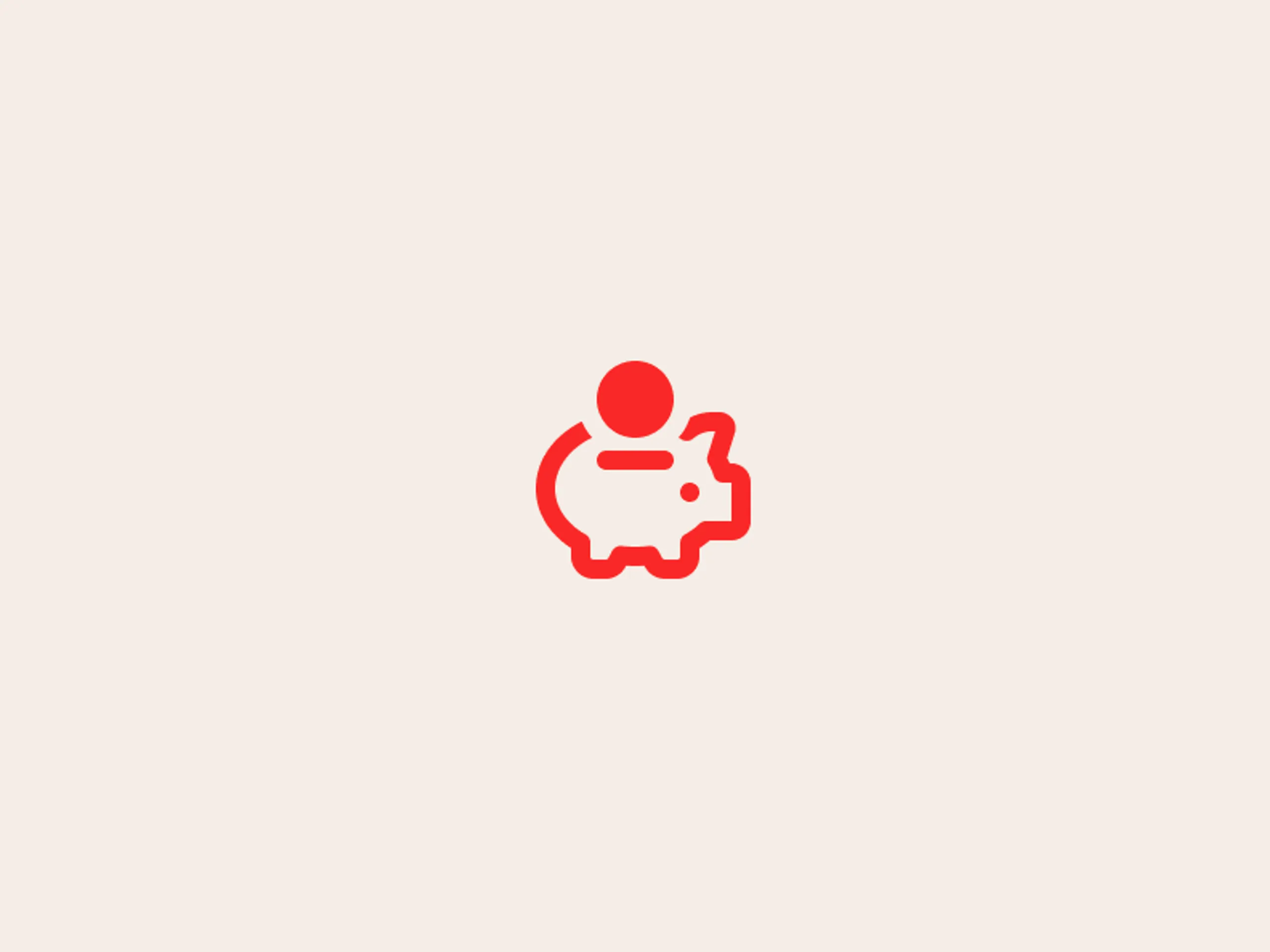 A red outline of a piggy bank with a coin being inserted, centered on a plain beige background.