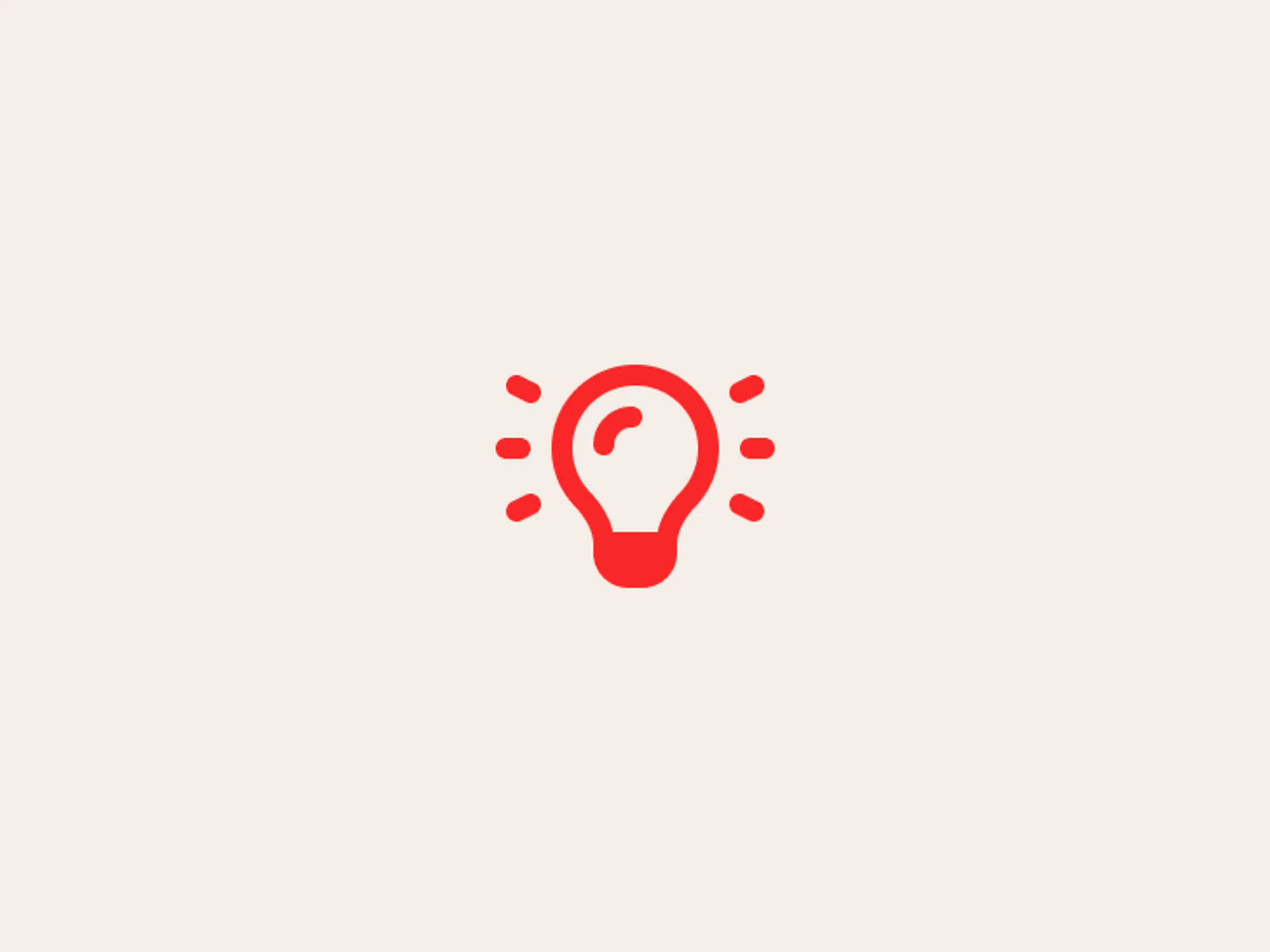 A minimal red icon of a light bulb with lines around it on a beige background, representing an idea or inspiration.