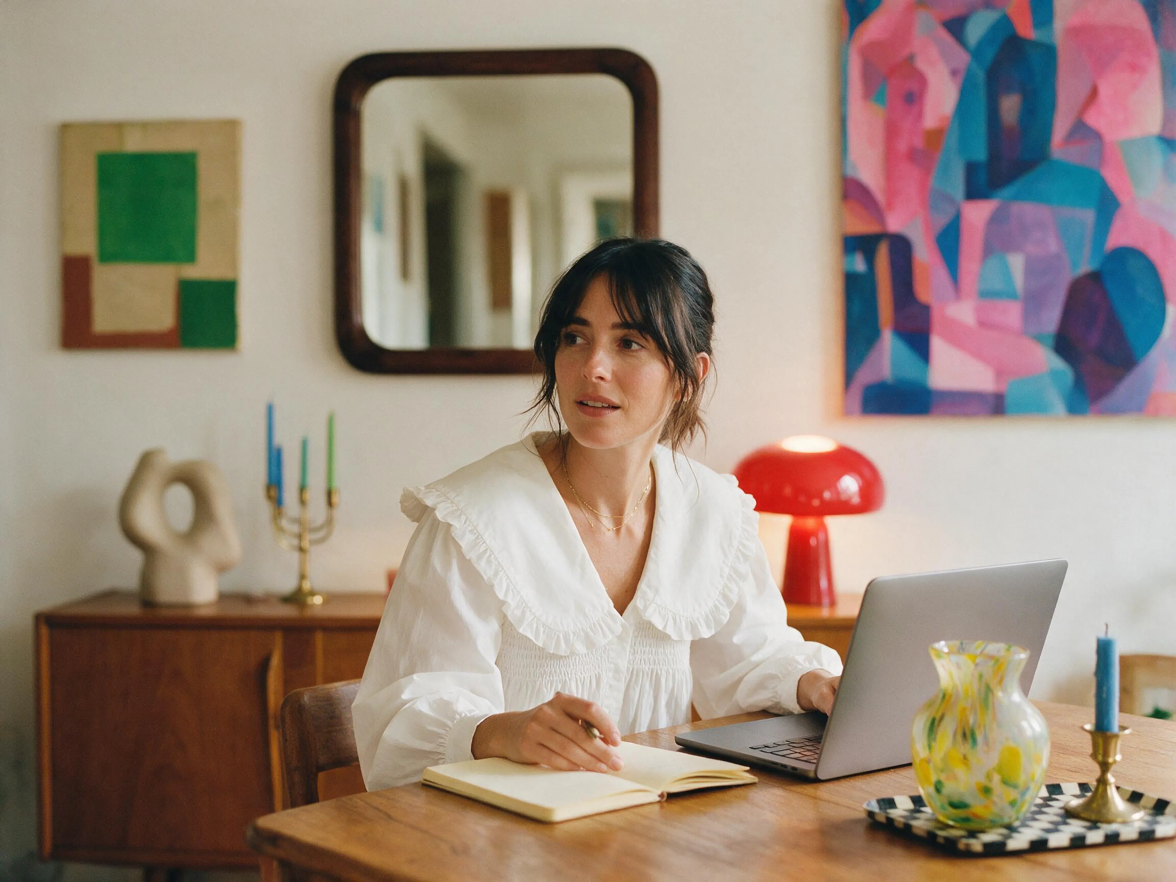 Woman sits at a wooden desk with a laptop and notebook, surrounded by colorful art, a red lamp, and decorative objects in a cozy, well-lit room.