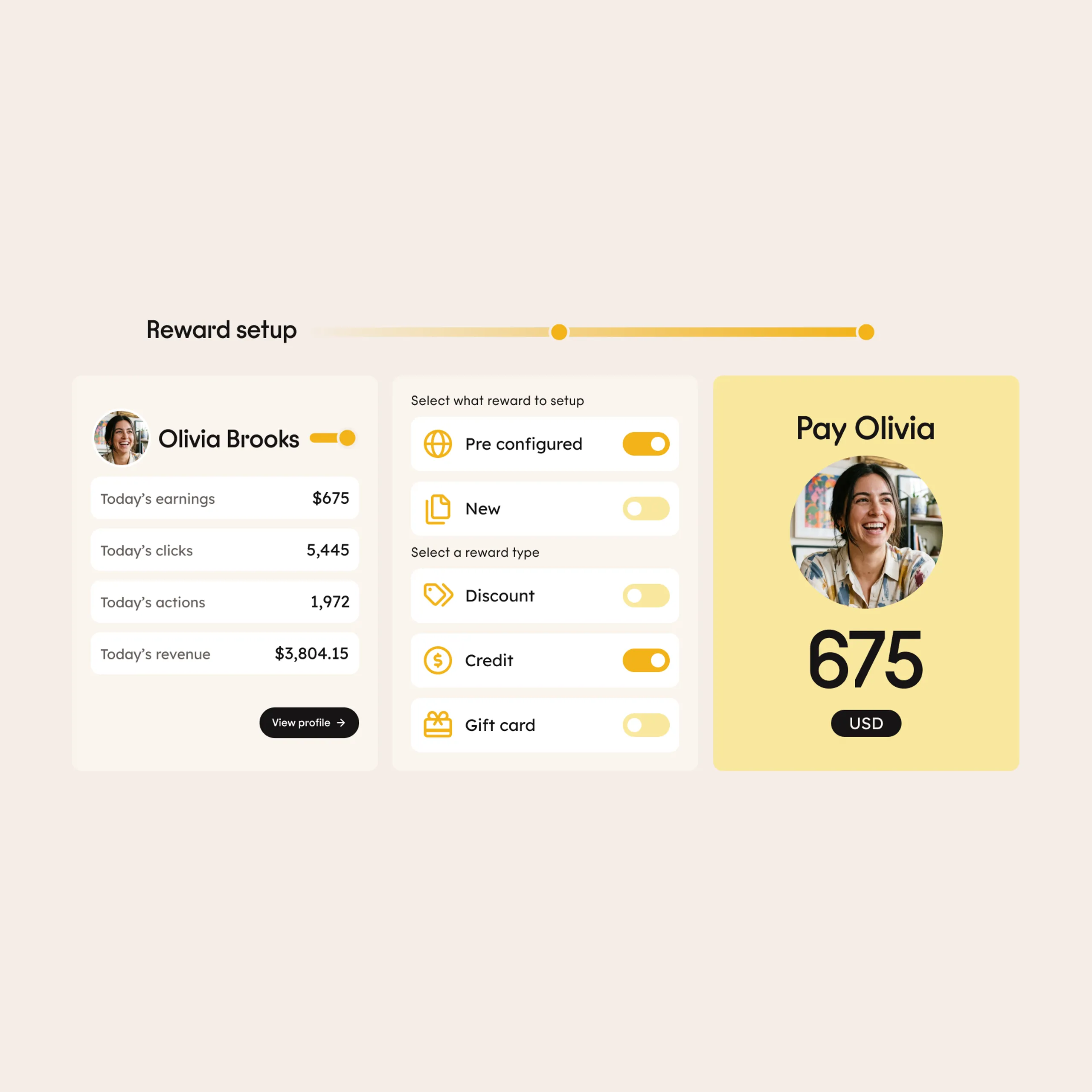 Dashboard showing Olivia Brooks earnings and activity stats, options to set up rewards like discount or gift card, and a highlighted section to pay Olivia $675 USD, with her photo displayed.