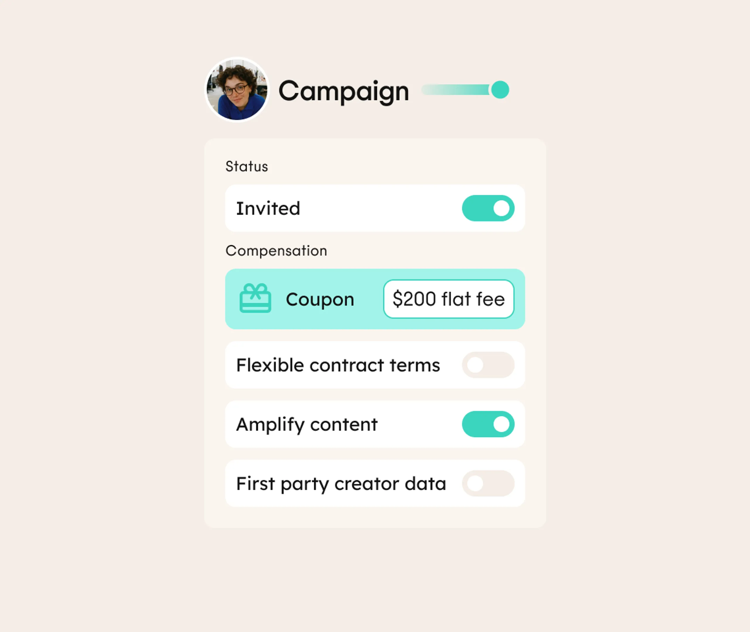 A campaign dashboard displays the users status as Invited, a $200 flat fee coupon, contract terms, amplify content, and first-party creator data options, with toggles for each setting.