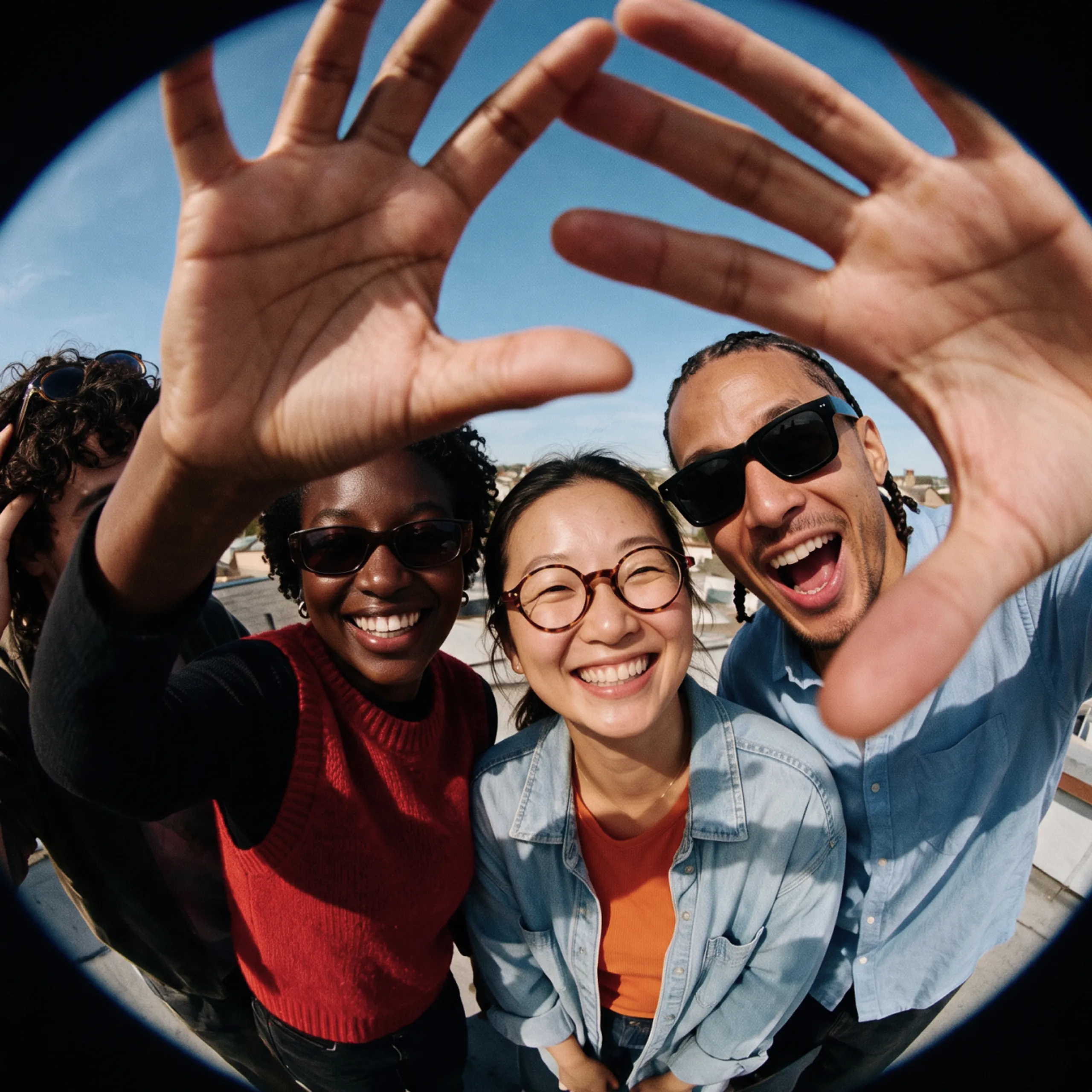 Three friends smile and laugh at the camera outdoors under a blue sky. One person holds their hands up toward the lens, creating a playful, circular frame effect around the group.