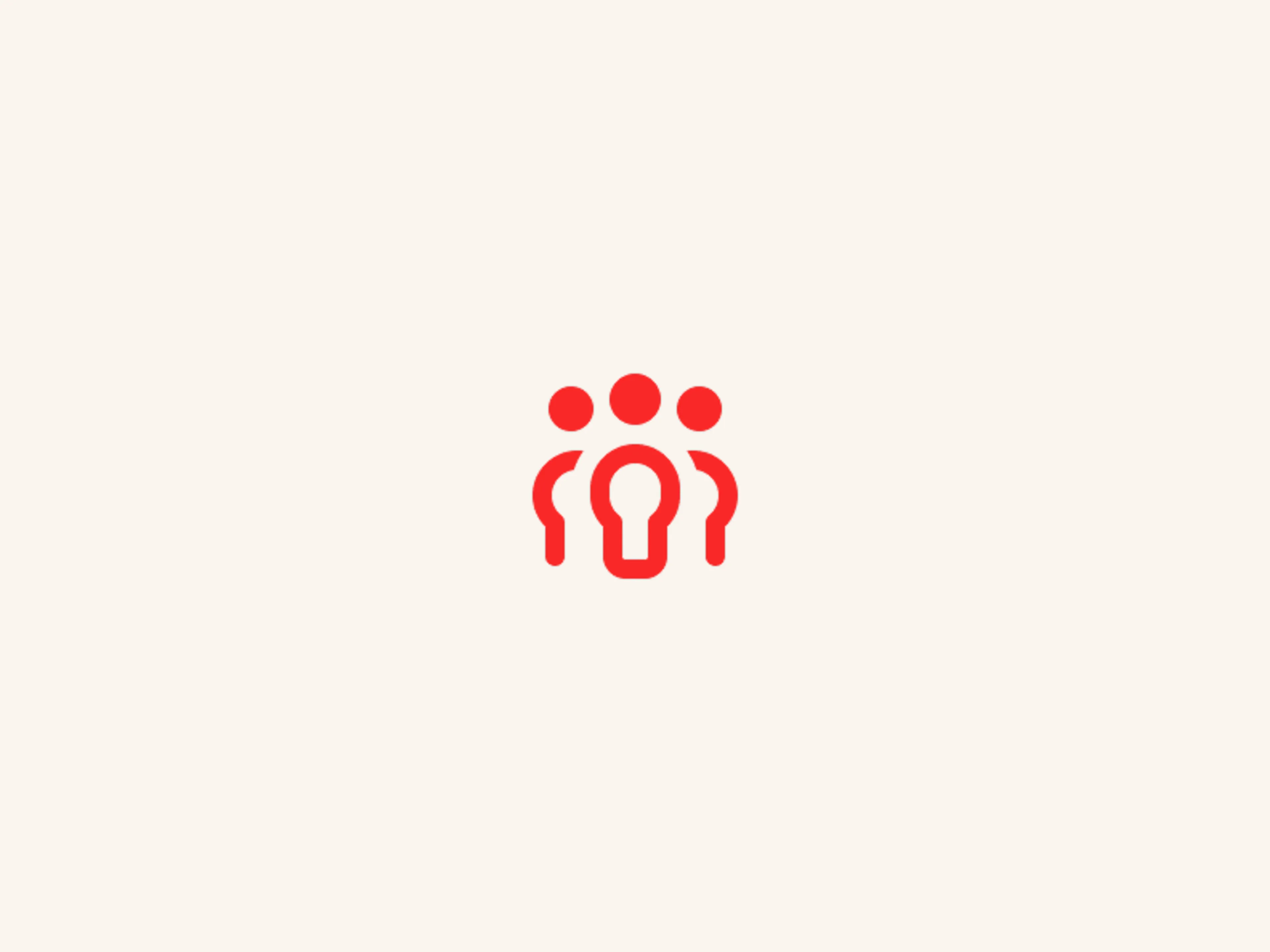 A red icon of three abstract people, with the central figure designed like a keyhole, on a light beige background.