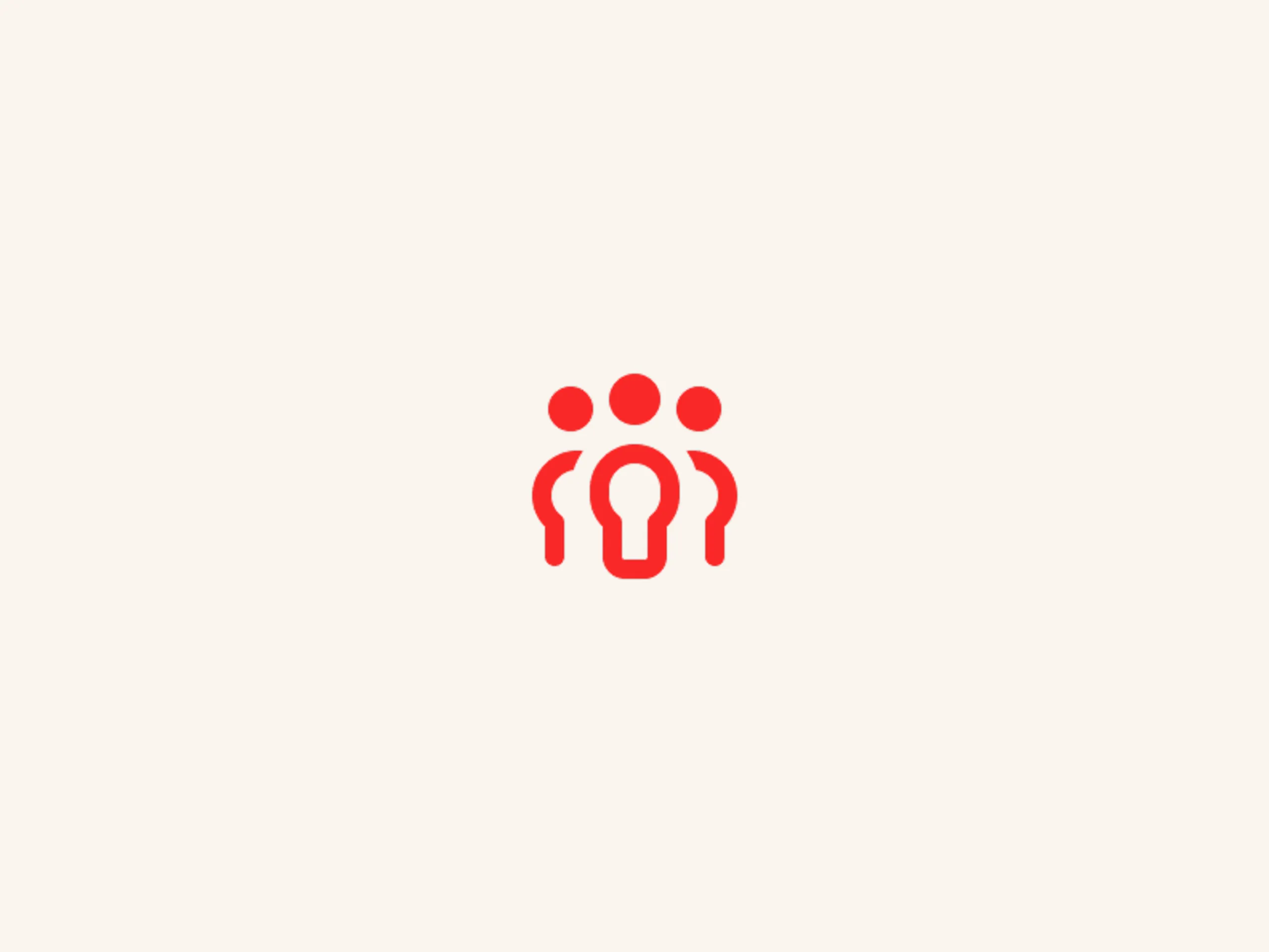 A red icon of three abstract people, with the central figure designed like a keyhole, on a light beige background.