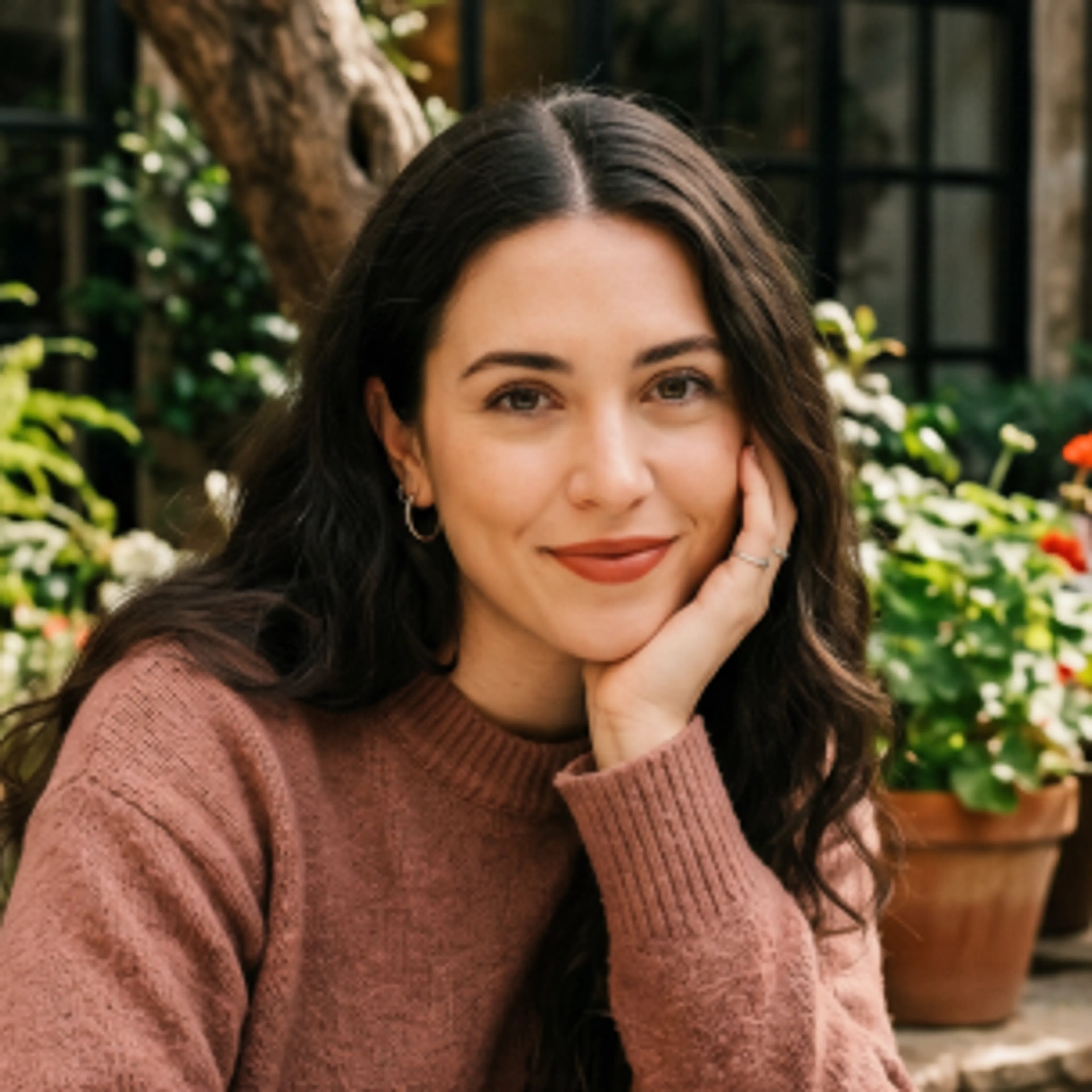 A woman with long dark hair and a brown sweater smiles gently, resting her face on her hand. She sits outdoors, surrounded by potted plants and greenery.