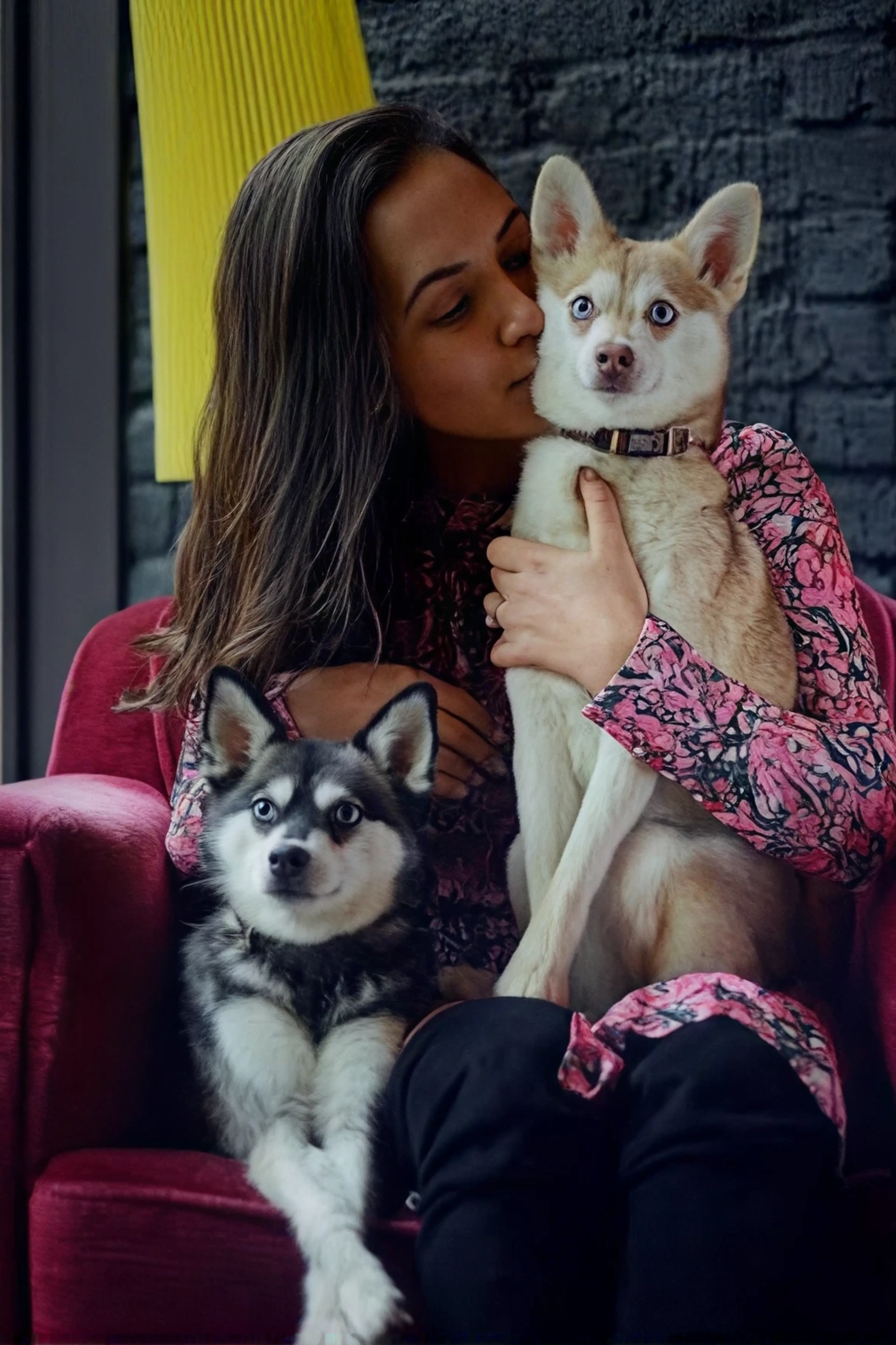 A woman in a floral dress sits on a red chair, holding a light-colored dog and kissing its head, while a black-and-white dog rests its front paws on her lap.