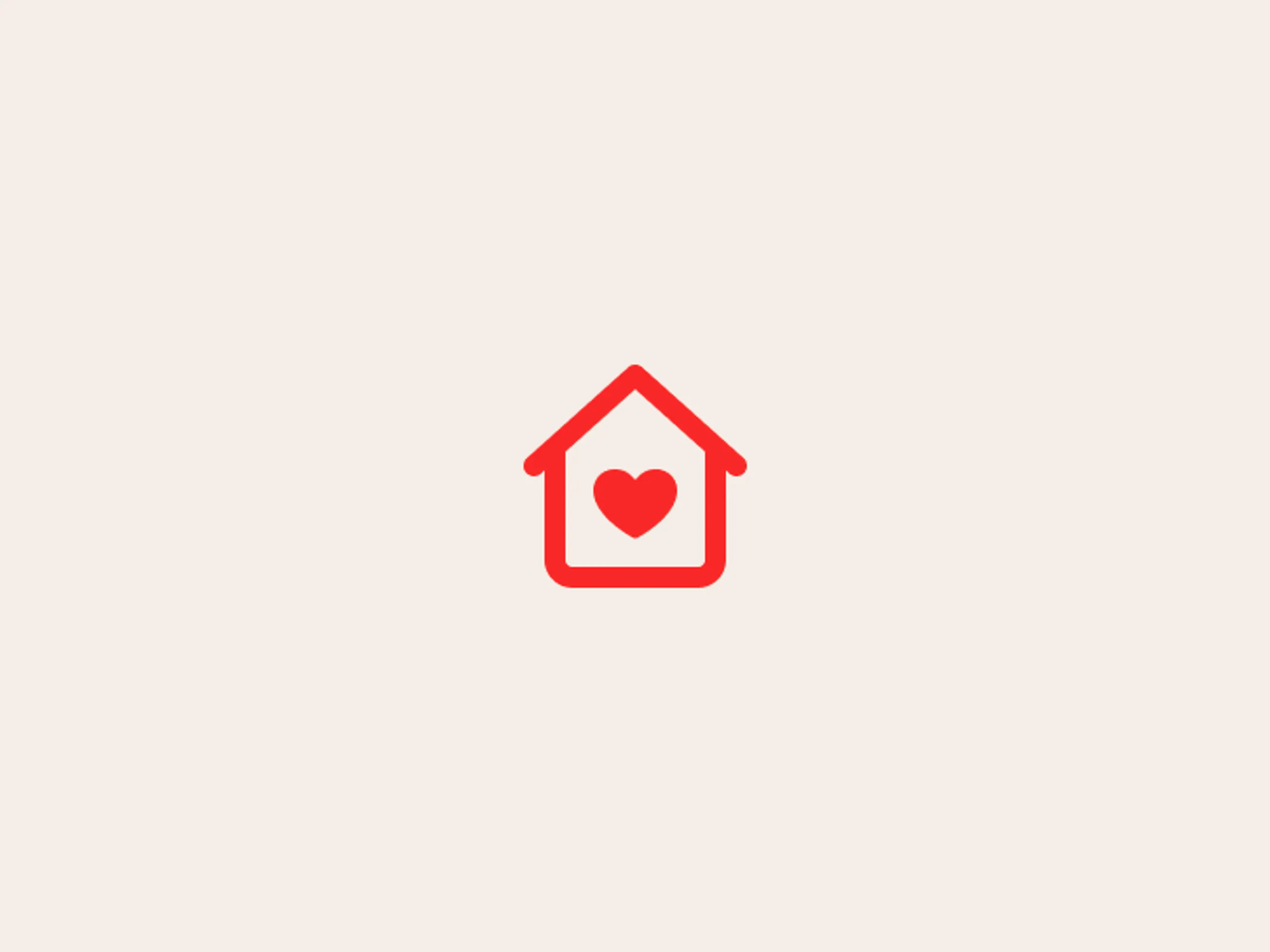 A simple red outline of a house with a red heart shape inside, centered on a light beige background.