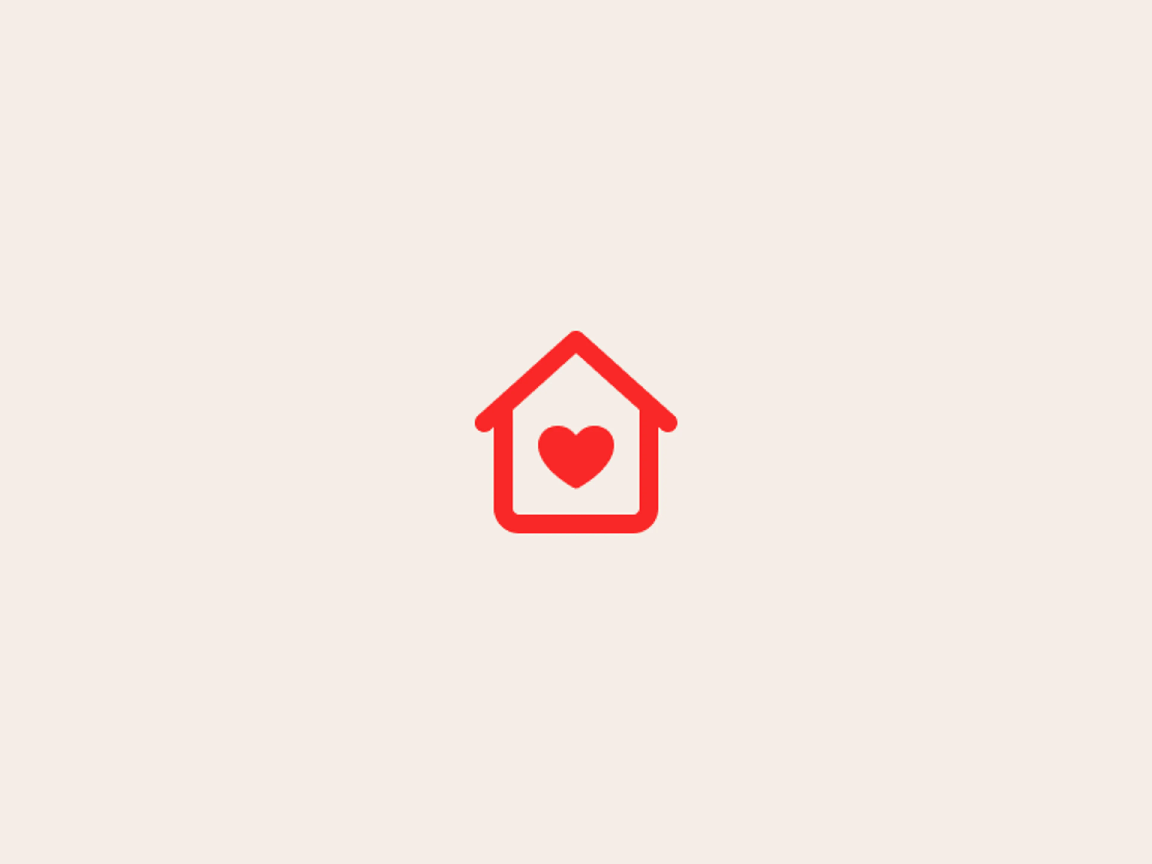 A simple red outline of a house with a red heart shape inside, centered on a light beige background.