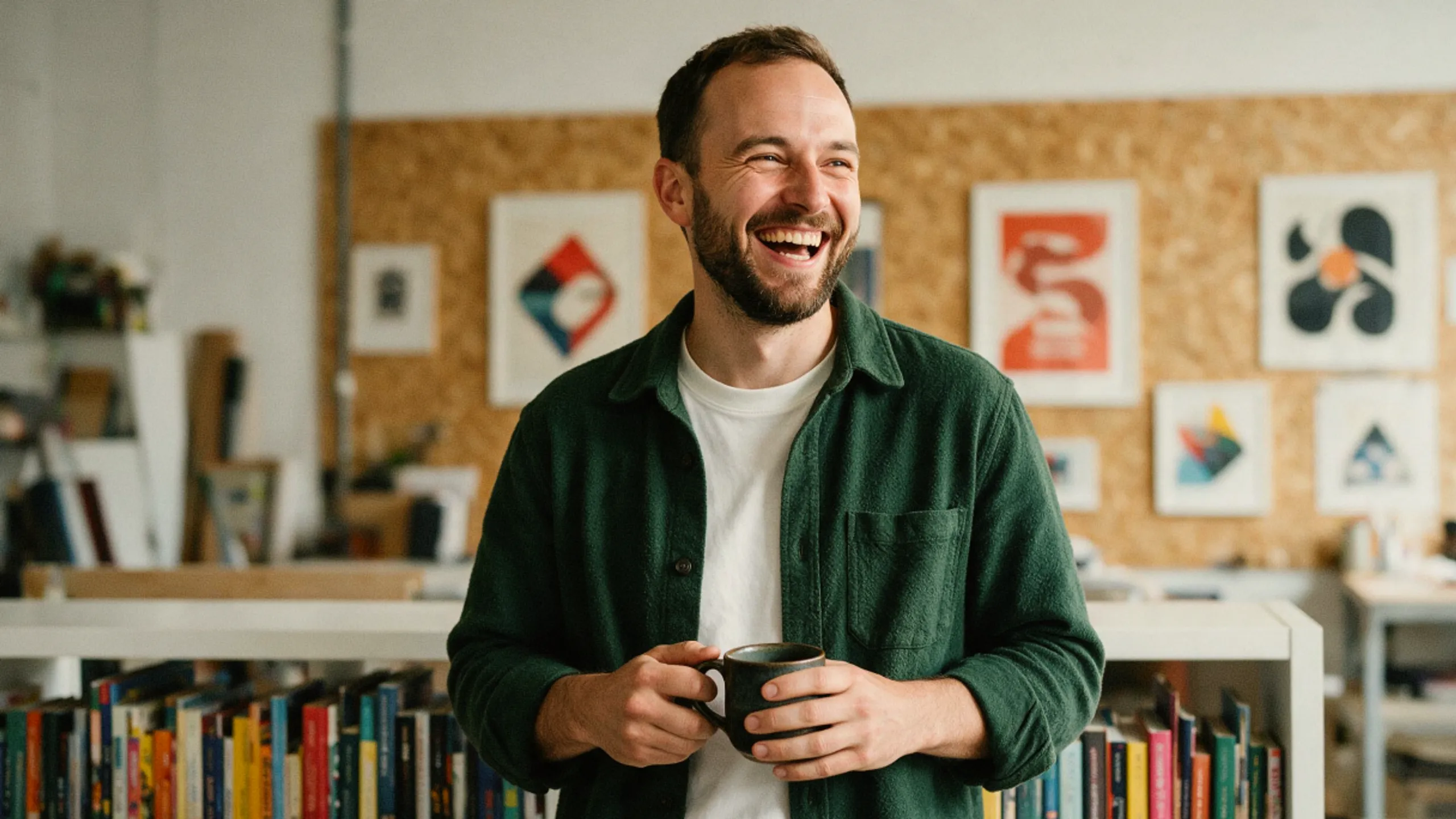 A man with a beard, wearing a green shirt over a white t-shirt, smiles and holds a mug while standing in front of bookshelves and colorful artwork on a wall.