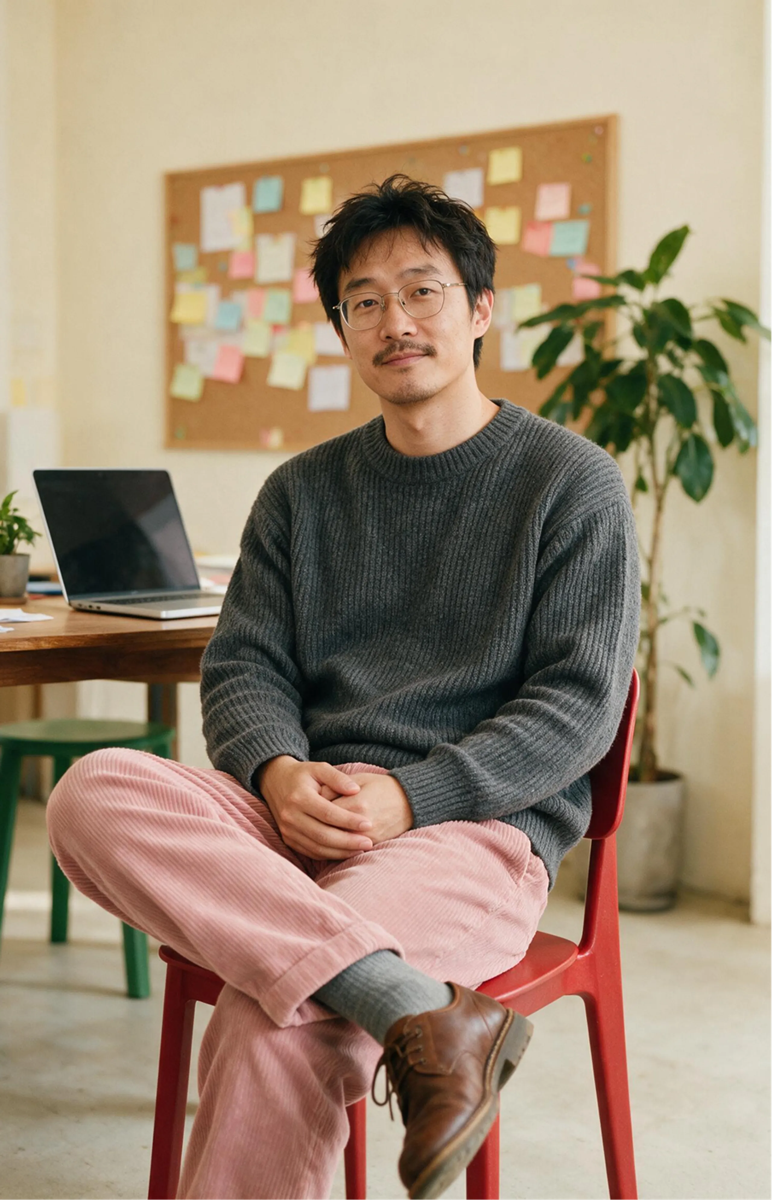 A man with glasses and a mustache sits on a red chair, wearing a gray sweater and pink pants. Behind him are a desk with a laptop, a plant, and a bulletin board covered in colorful notes.