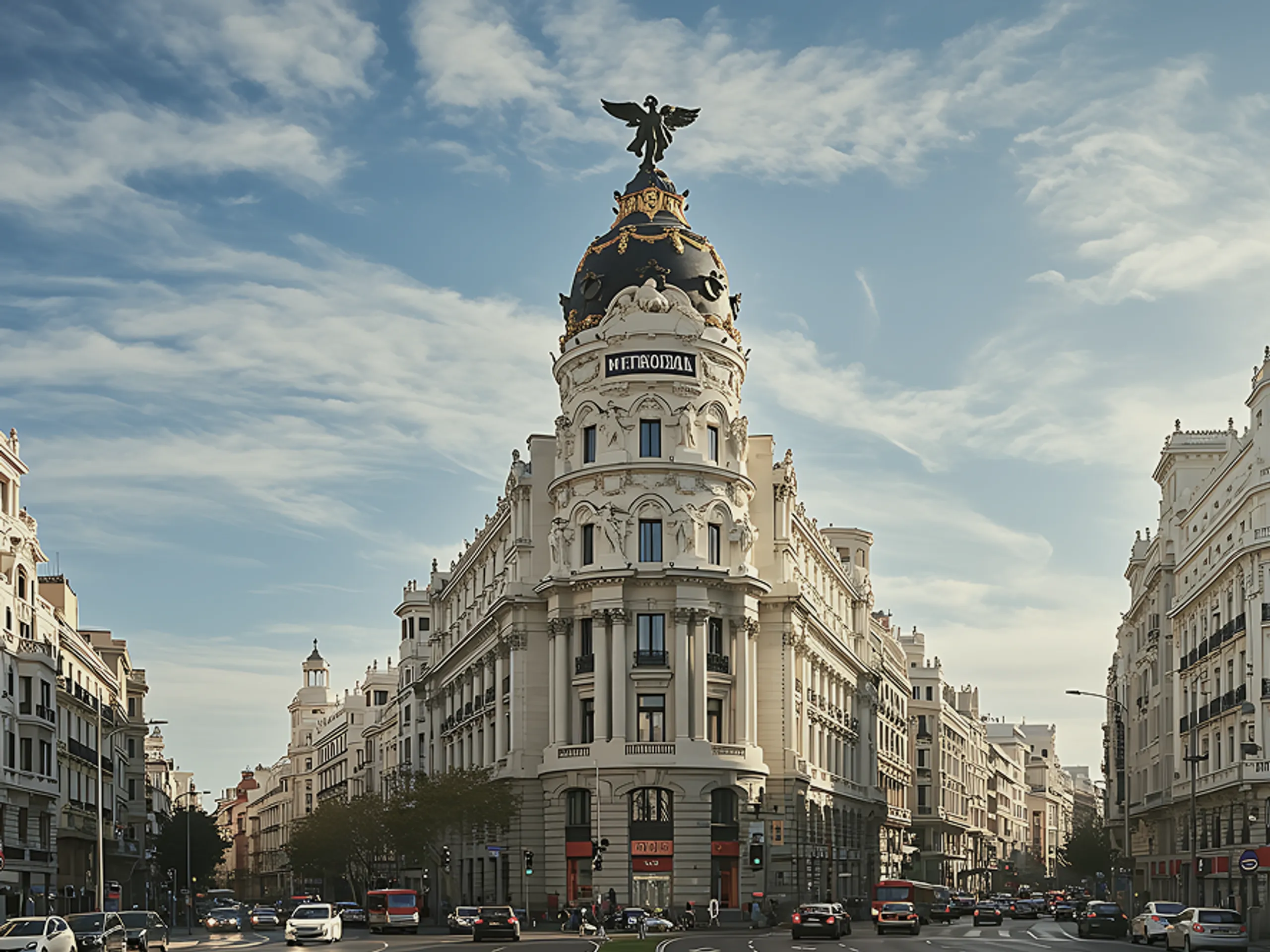 The image shows the ornate Metropolis Building with a winged statue on top, situated at a busy intersection in Madrid, Spain, under a partly cloudy sky.
