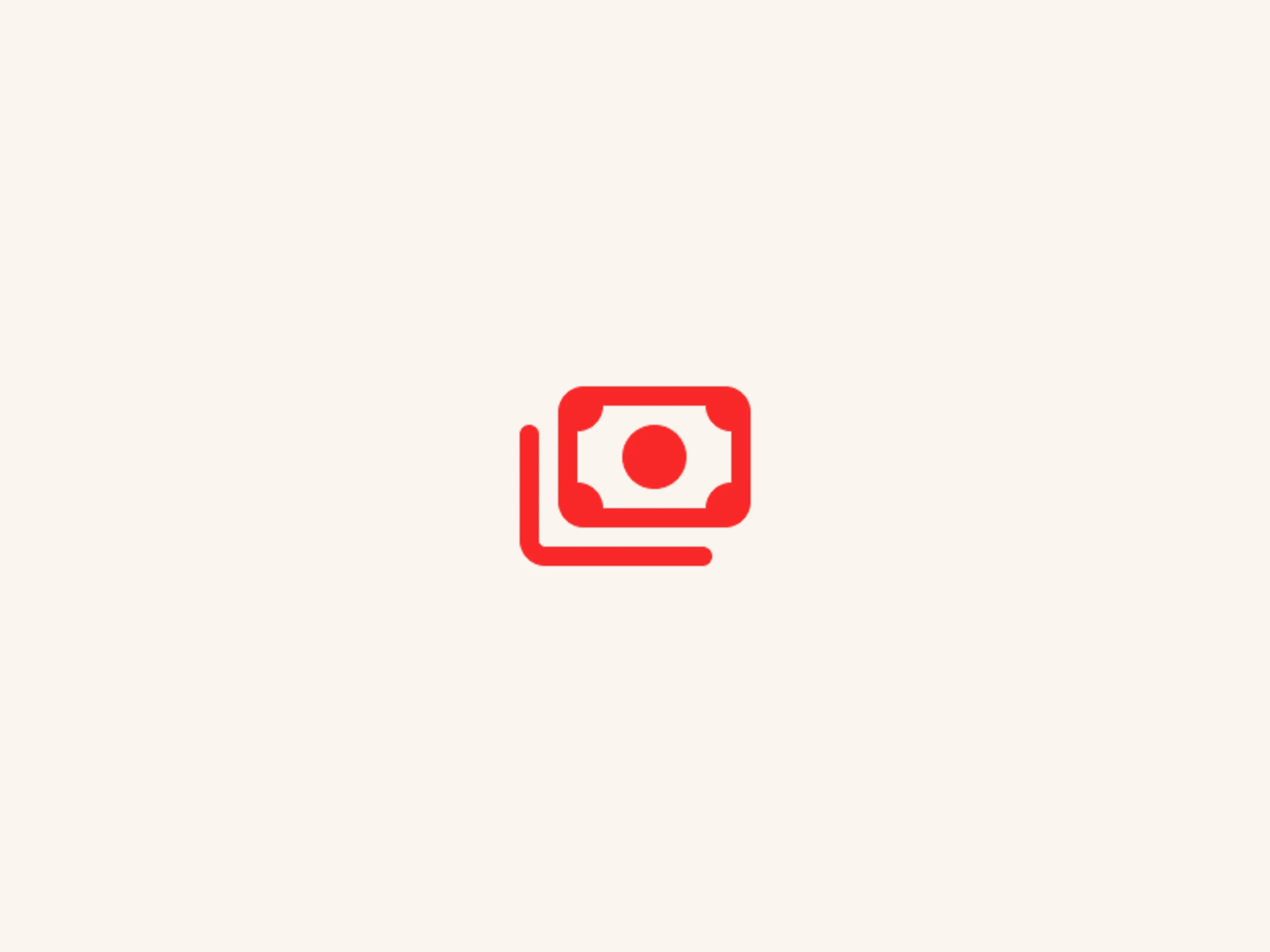 A red icon of a paper bill with a dot in the center, surrounded by a thin curved line forming a partial circle on a light beige background.