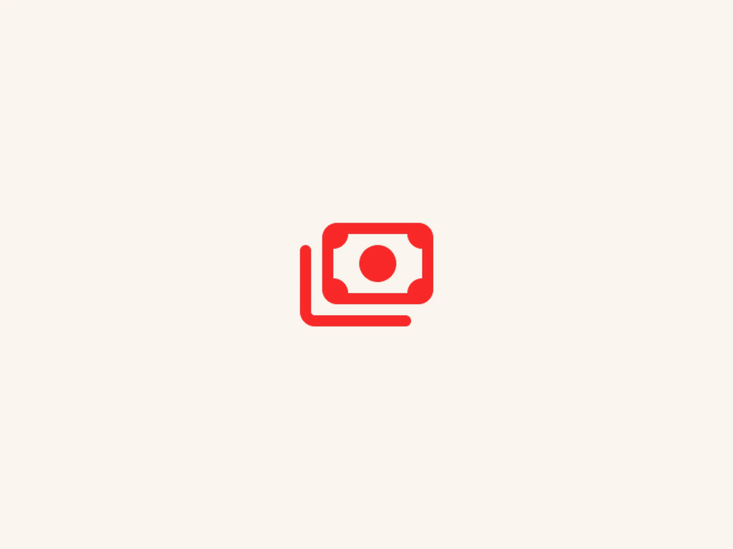 A red icon of a paper bill with a dot in the center, surrounded by a thin curved line forming a partial circle on a light beige background.