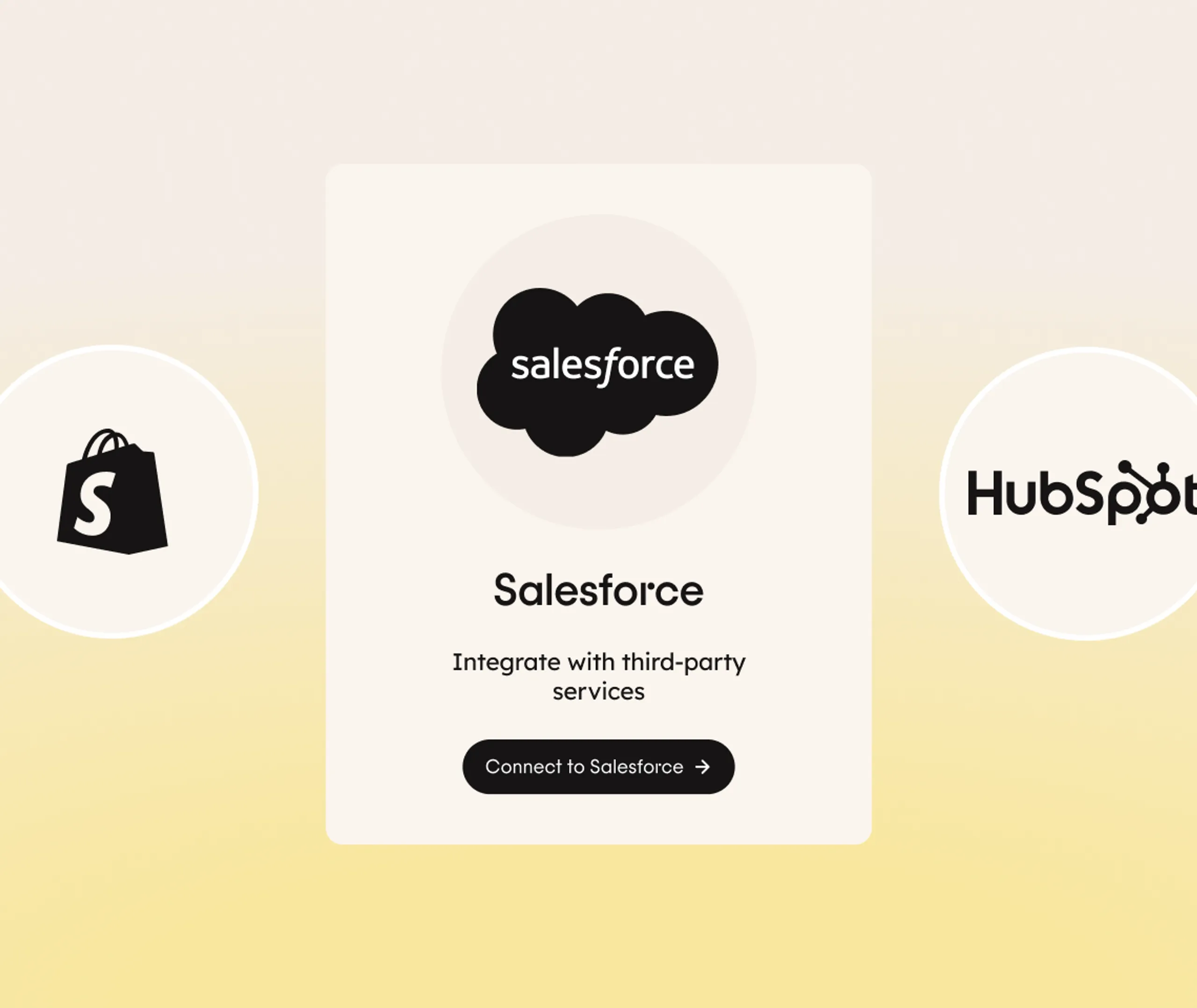 A Salesforce integration interface with Shopify and HubSpot logos on either side. The screen prompts to connect Salesforce to third-party services, with a button labeled Connect to Salesforce..