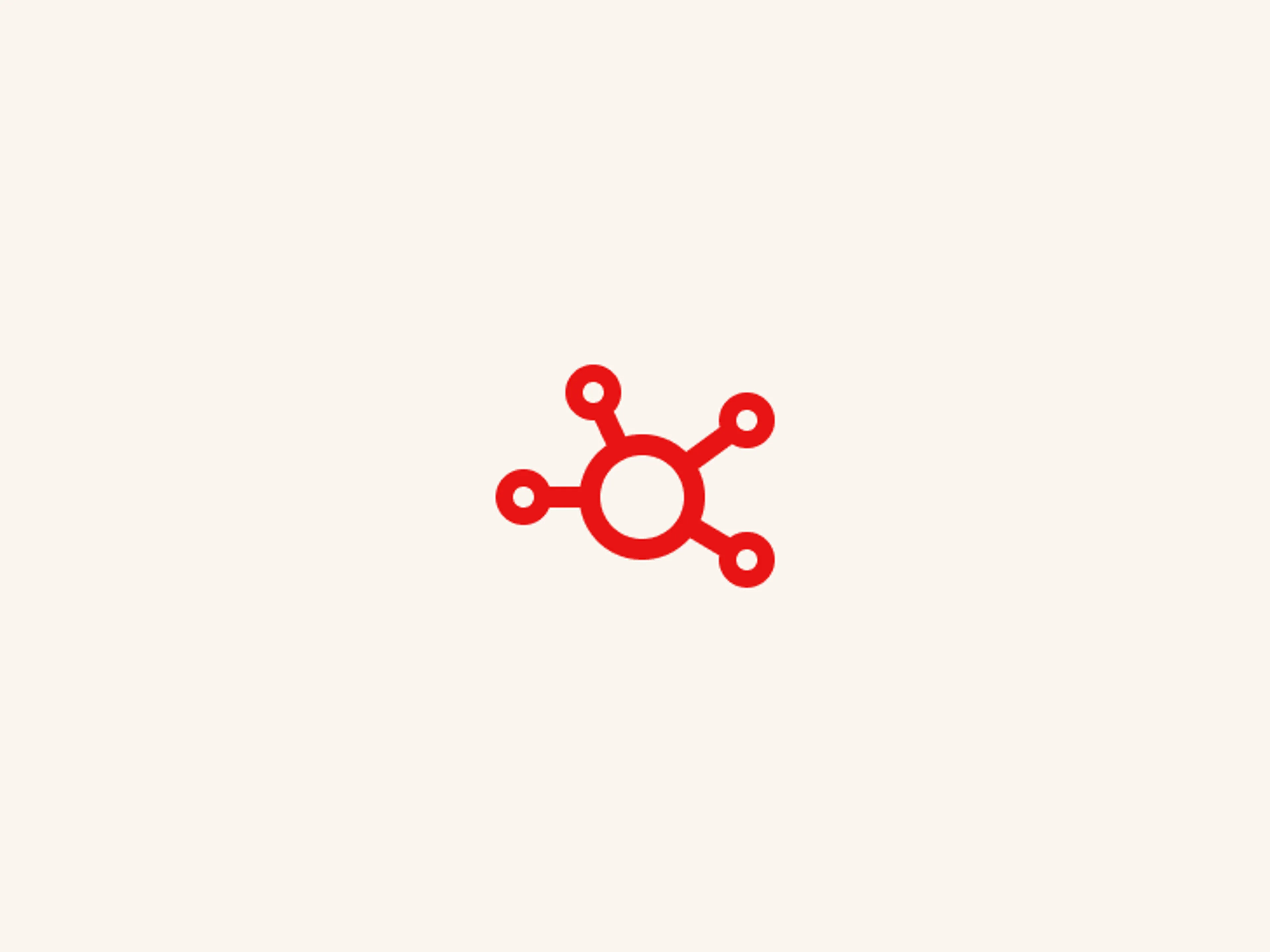 A red network icon with a central circle connected to five smaller circles by lines, resembling a molecular or hub-and-spoke structure, on a light beige background.