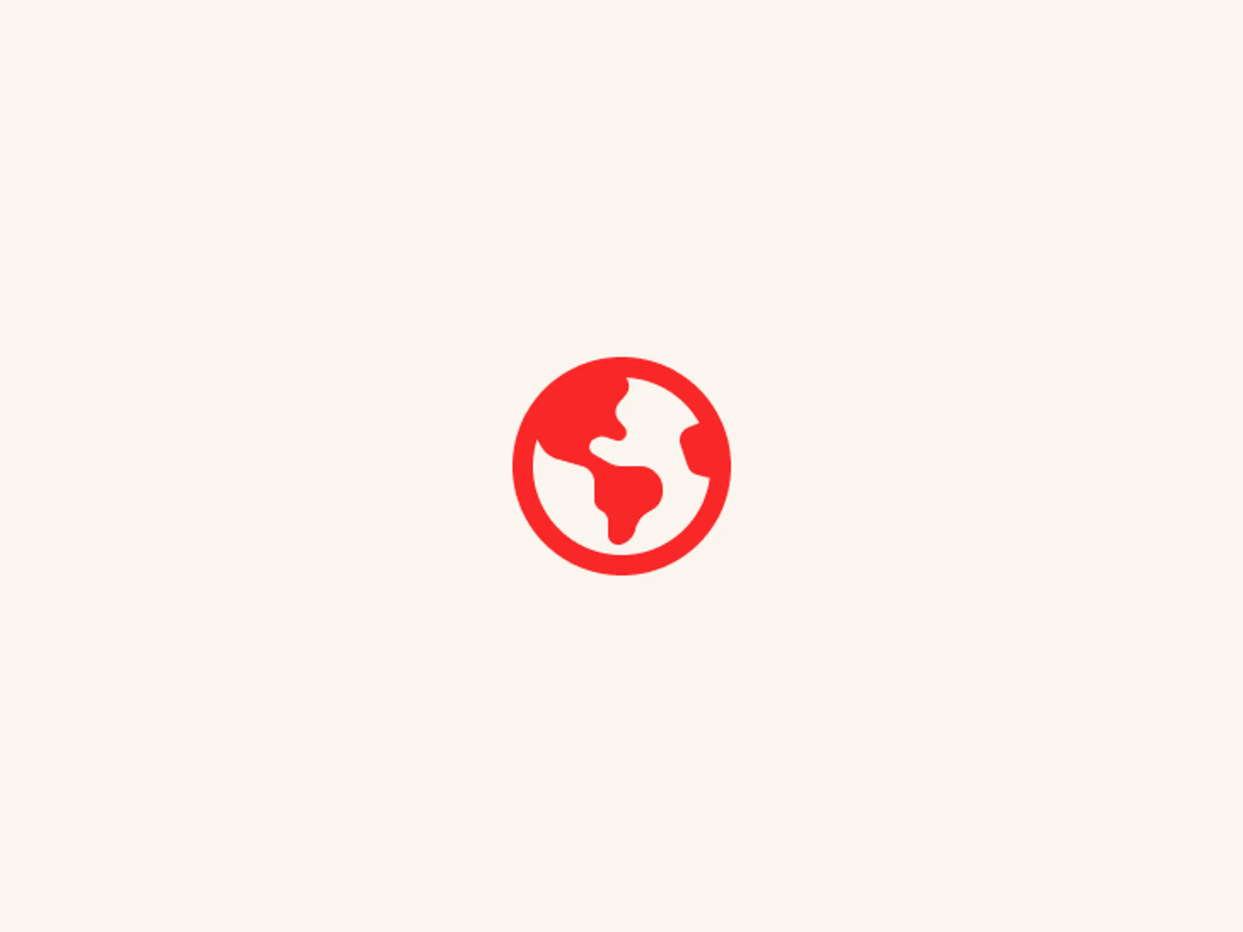 A simple red globe icon, centered on a light beige background, showing stylized continents.