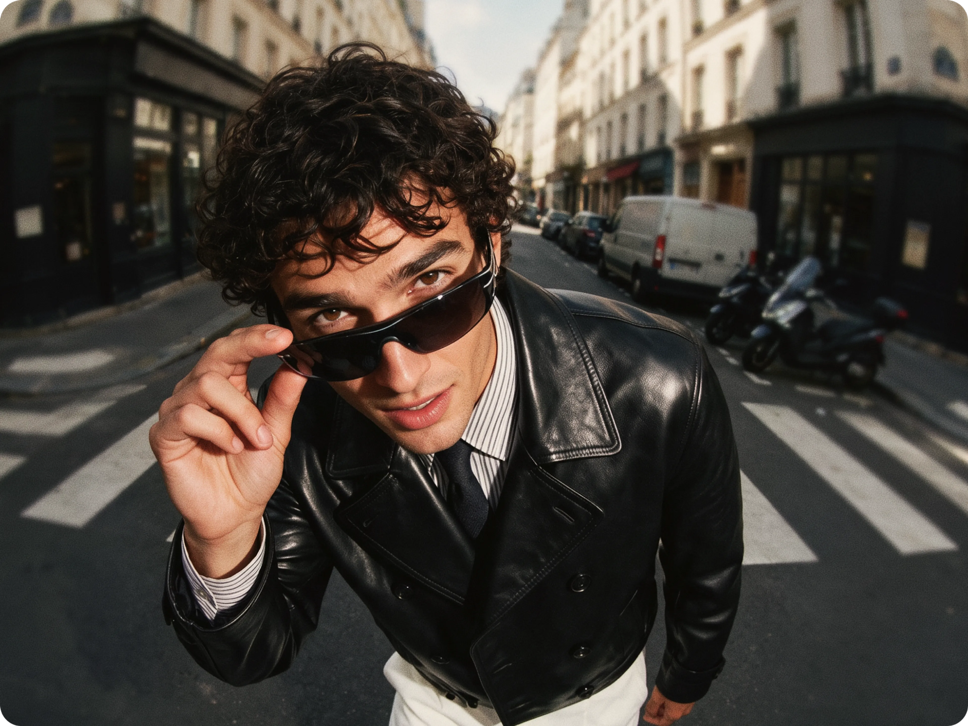 A man with curly hair in a black leather jacket and sunglasses stands on a city street, leaning forward and looking at the camera while lifting his sunglasses.