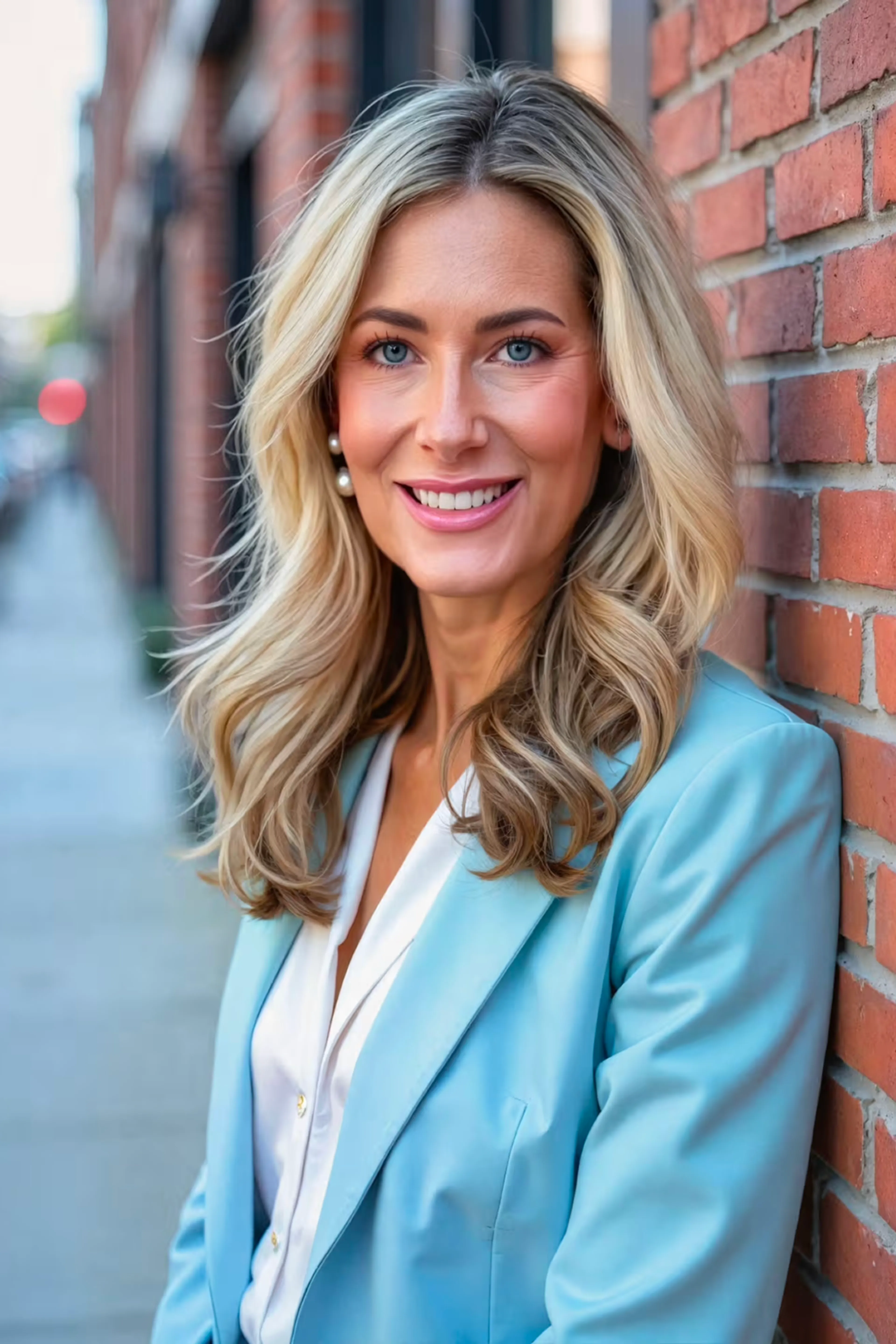 A woman with long blonde hair, wearing a light blue blazer and white blouse, smiles while leaning against a brick wall on a city sidewalk.