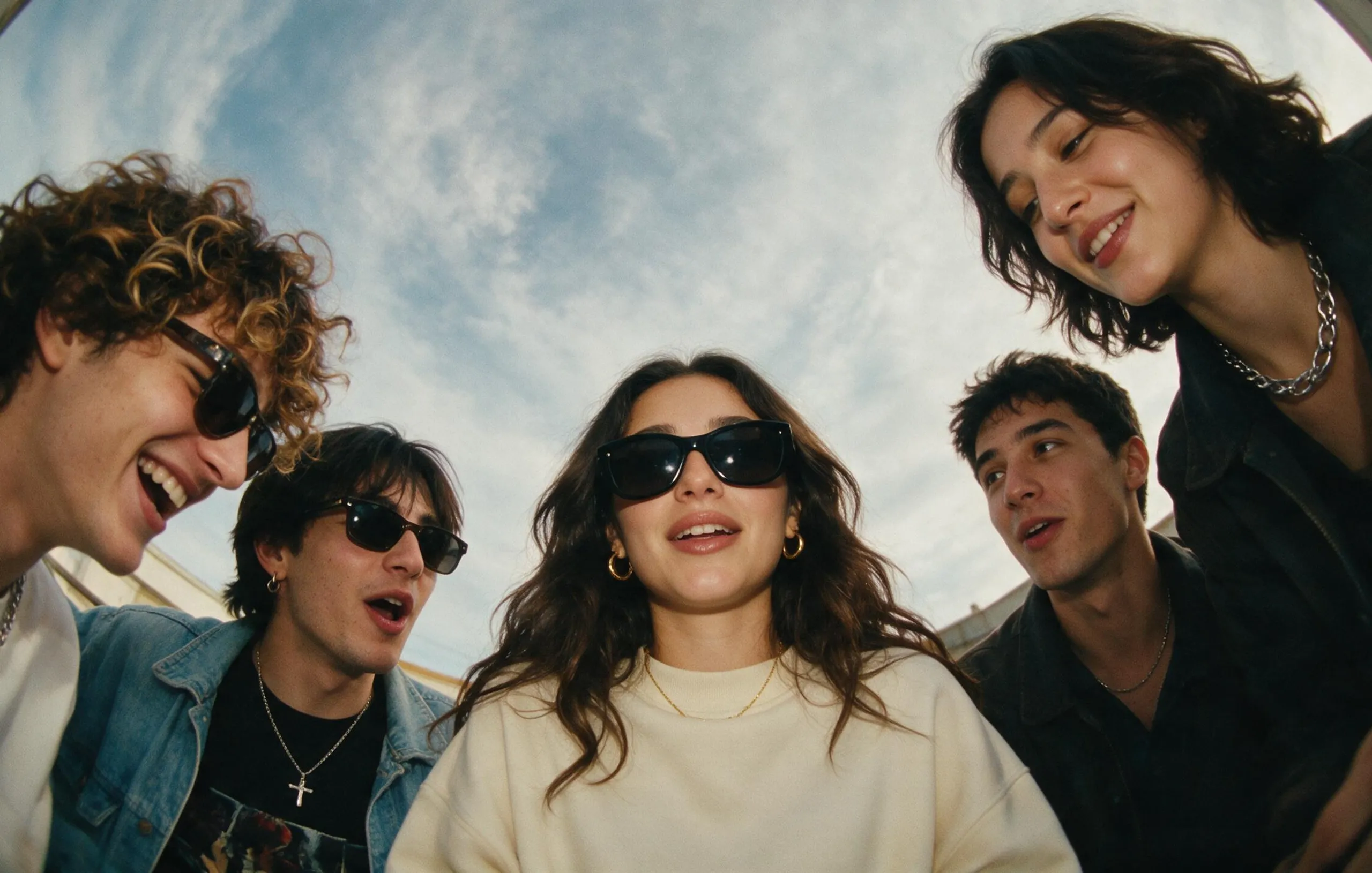 Five young adults wearing sunglasses and casual clothing smile and laugh together outdoors under a blue sky, captured in a wide-angle, low-angle shot.
