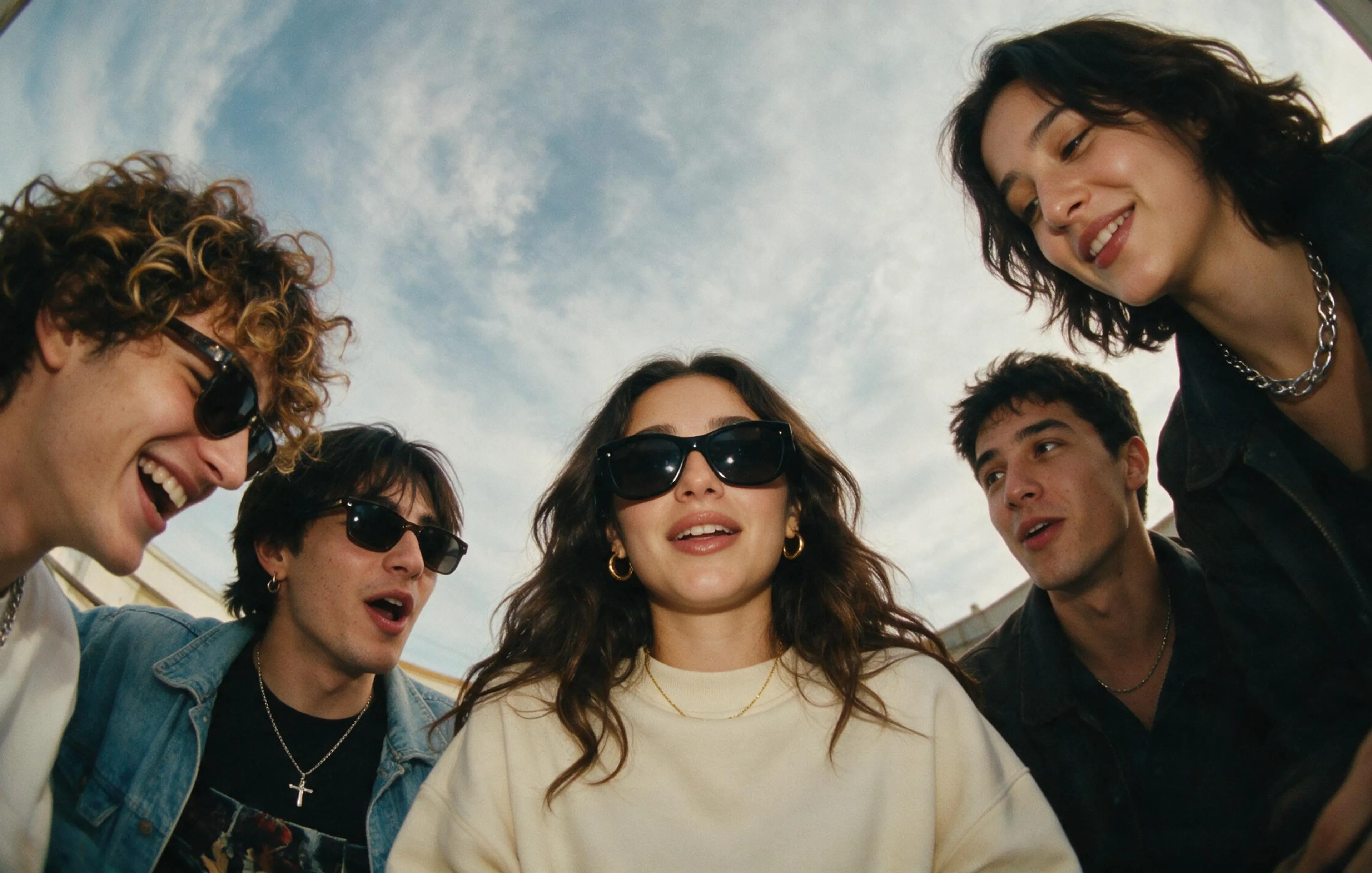 Five young adults wearing sunglasses and casual clothing smile and laugh together outdoors under a blue sky, captured in a wide-angle, low-angle shot.
