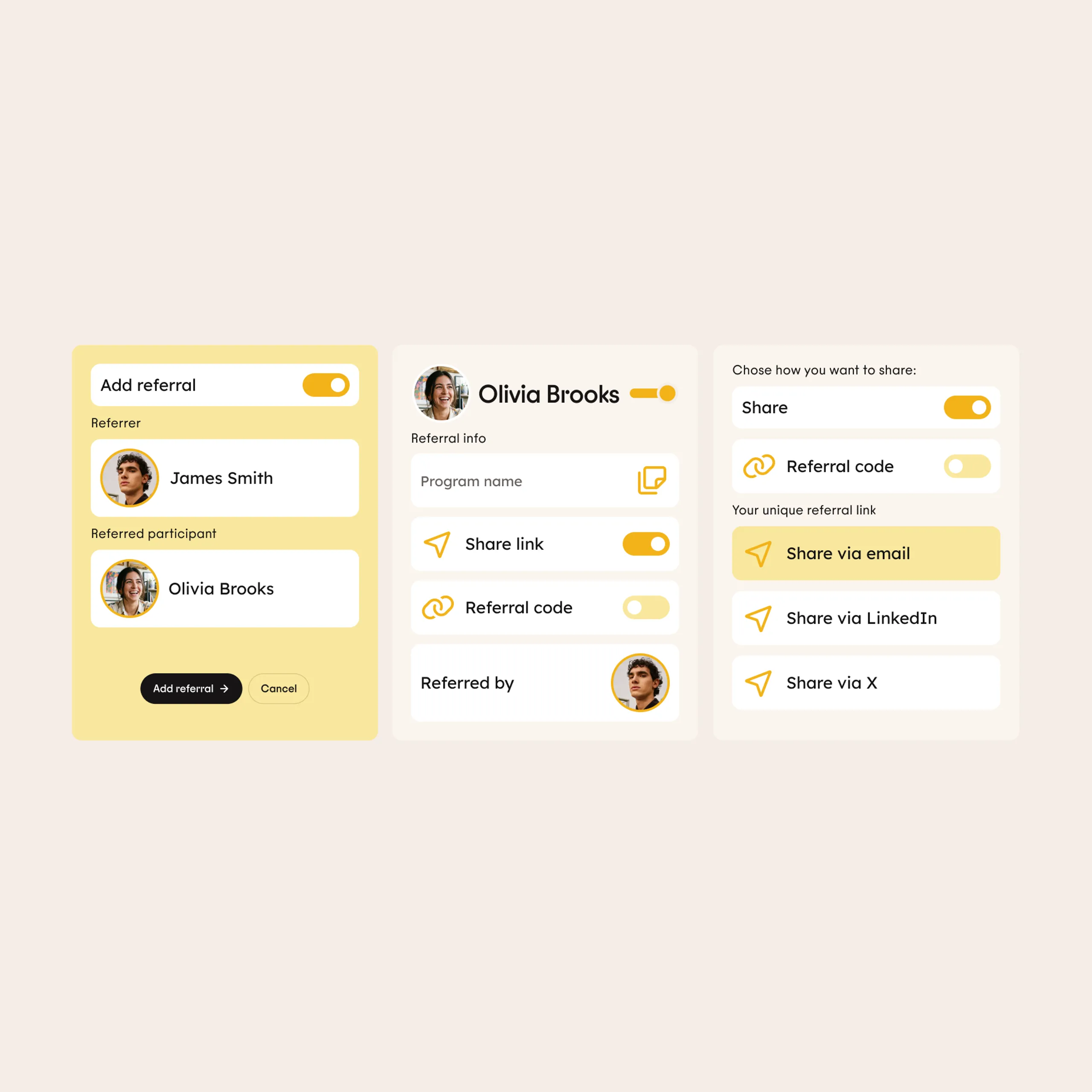Three panels showing a referral program UI with options to add referrals, view participant info, and share links or codes via email, LinkedIn, or X. User avatars and toggle switches are visible.