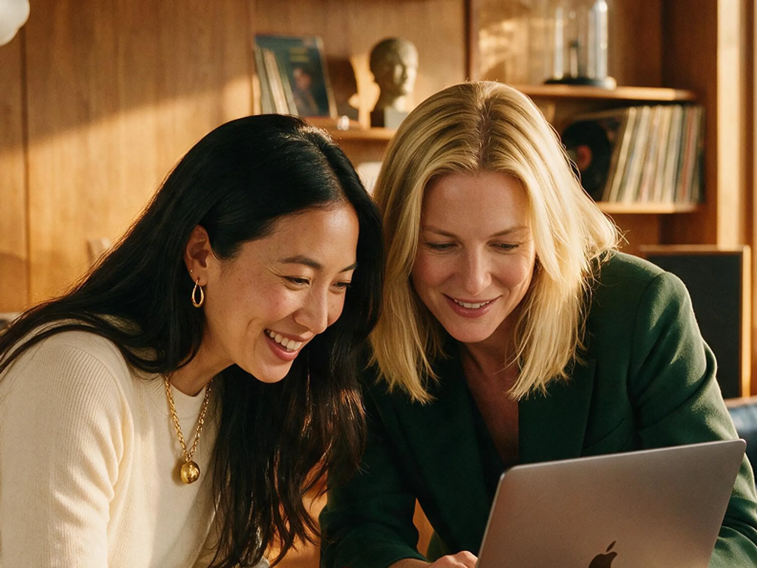 Two women sit side by side at a desk, smiling and looking at a laptop screen together in a warmly lit room with wood paneling and shelves in the background.