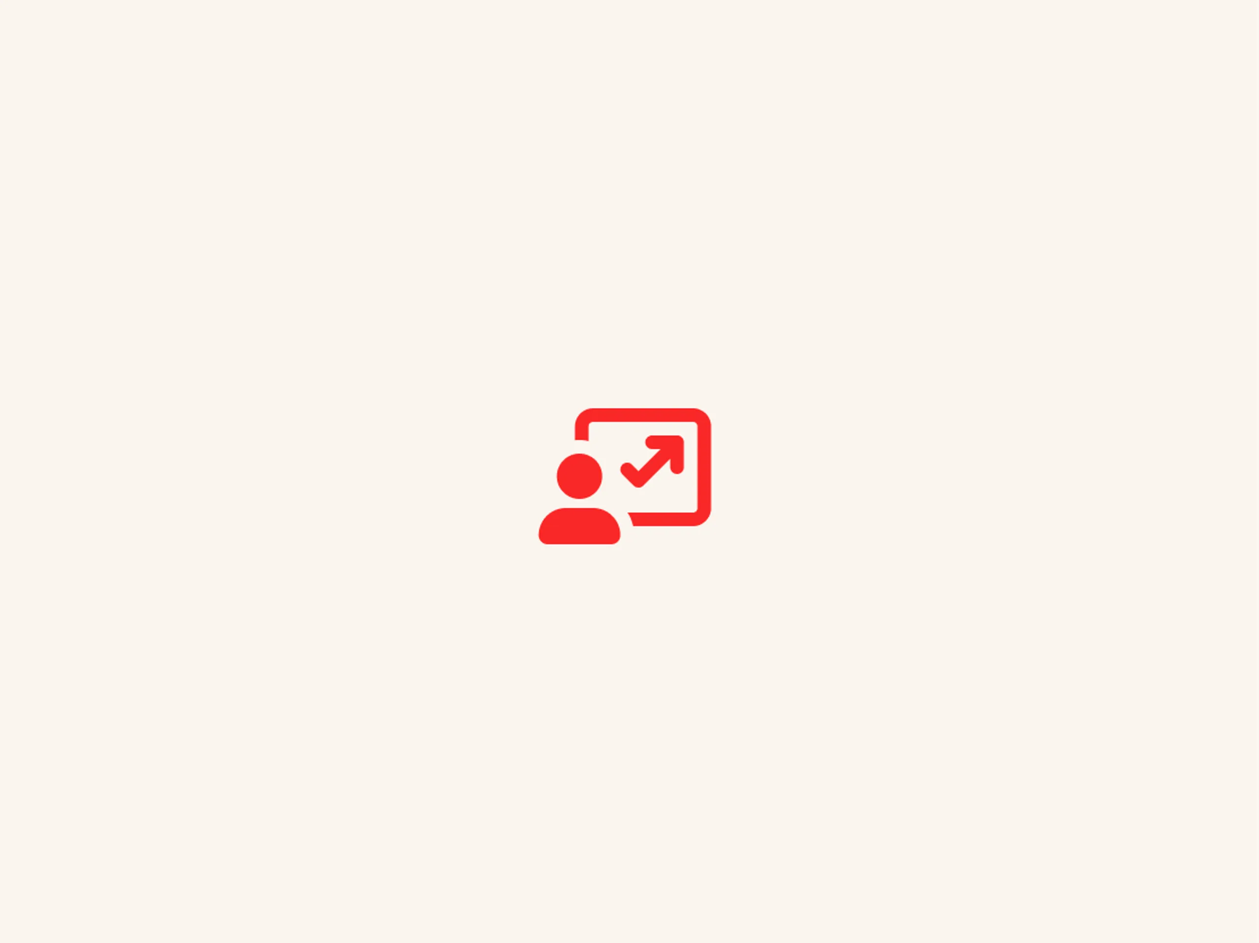 Red icon of a person next to a screen with an upward trending arrow, symbolizing growth, progress, or improvement, on a light beige background.