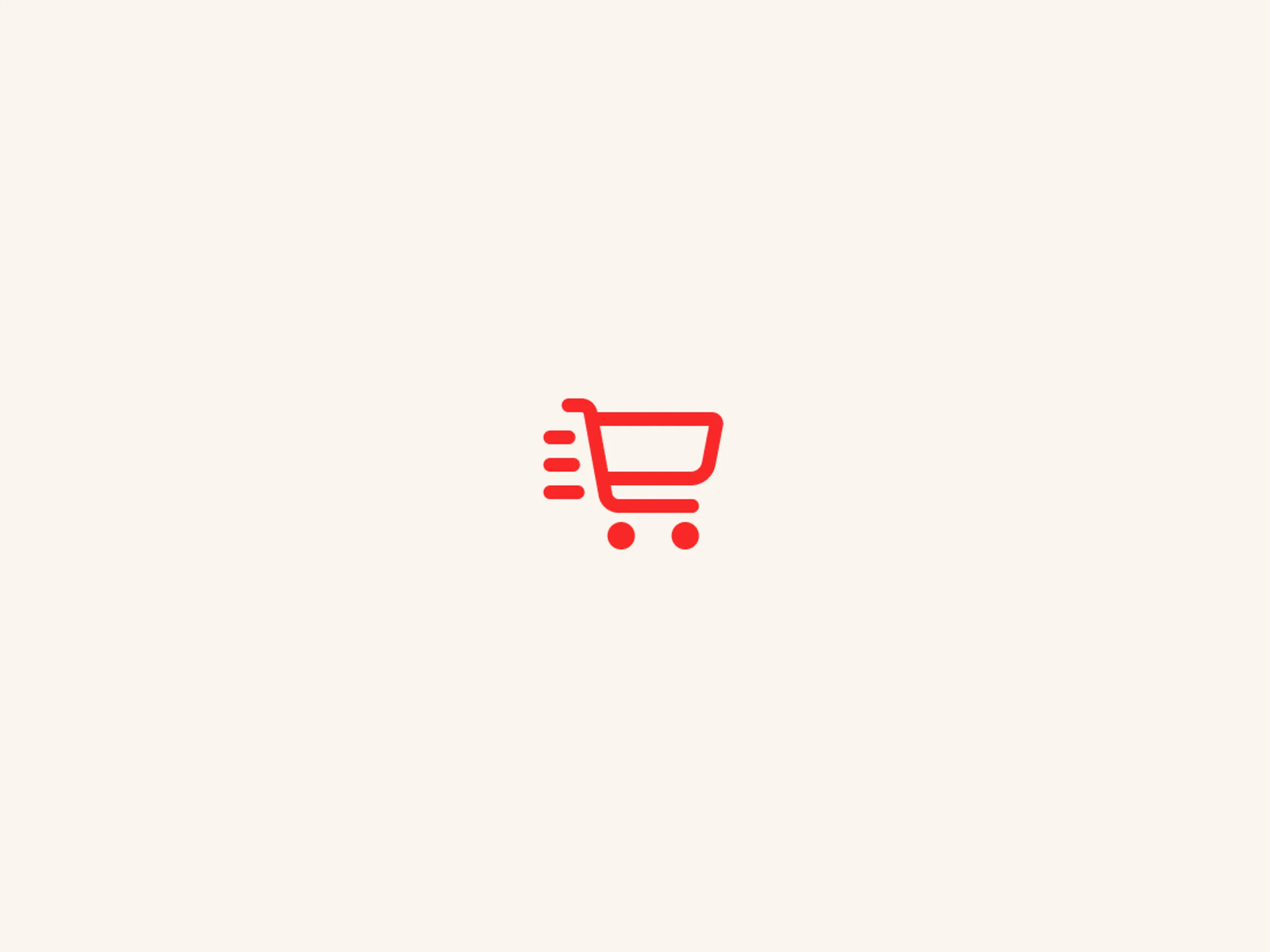 A red shopping cart icon with motion lines on a light beige background, suggesting fast or express shopping.