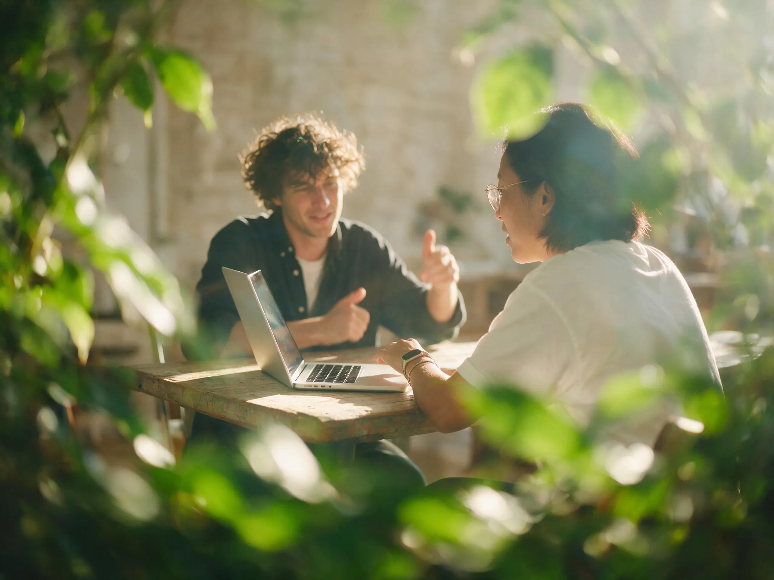 Two people sit at a wooden table with a laptop, having a conversation in a sunlit, plant-filled room. Sunlight filters through green leaves, creating a warm and relaxed atmosphere.