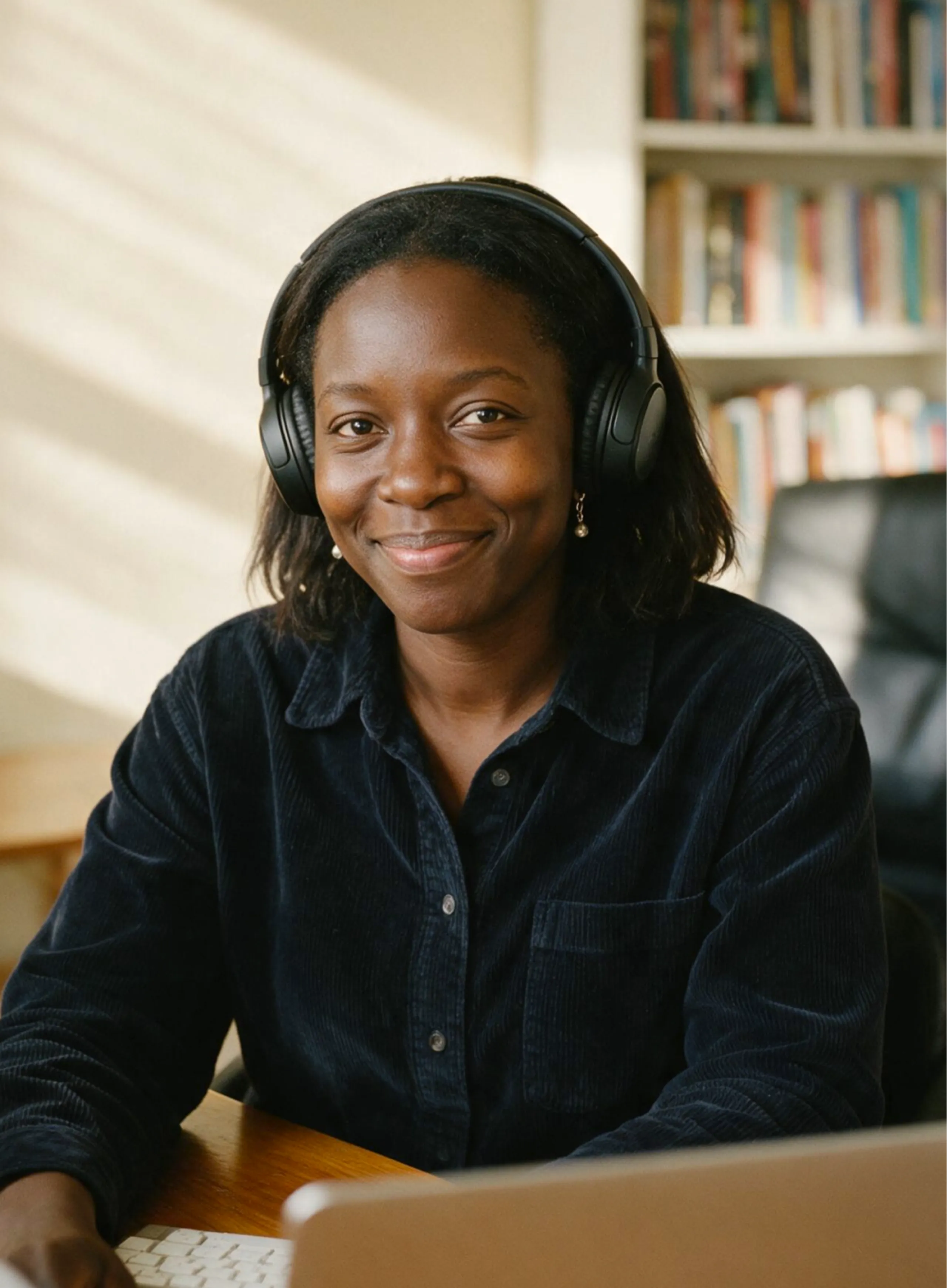 A woman wearing headphones and a navy shirt smiles at the camera while sitting at a desk with a computer. Bookshelves are visible in the background.