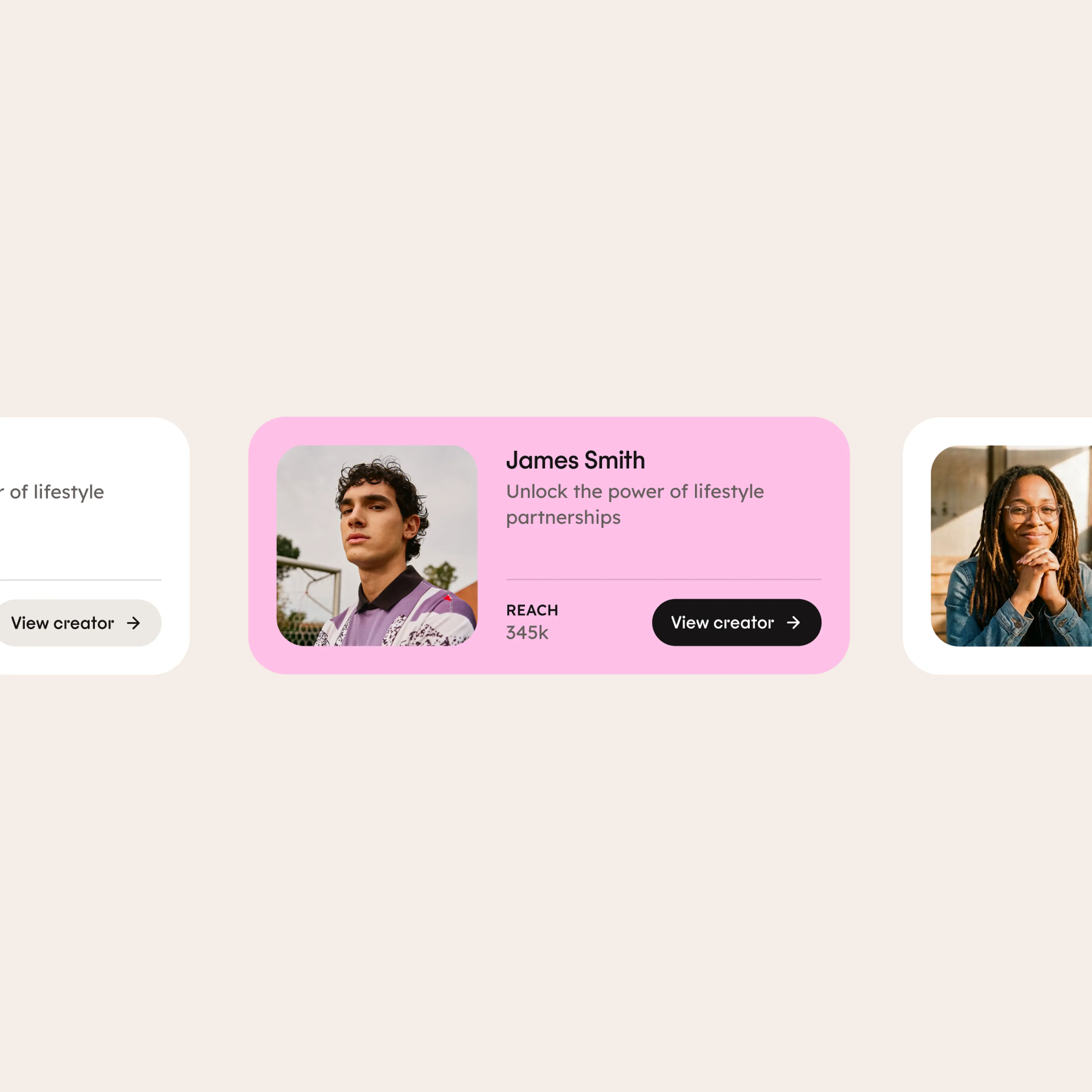 A profile card with a young person in a pink shirt, labeled James Smith, showing Unlock the power of lifestyle partnerships, a reach of 345k, and a black View creator button.