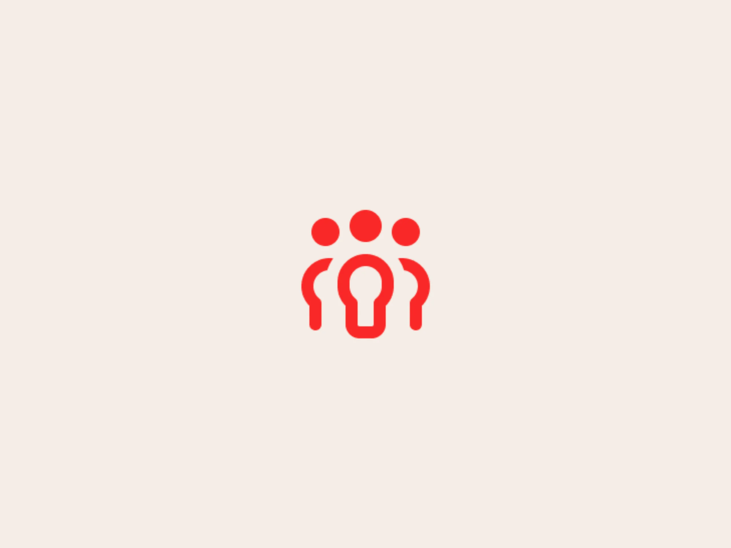 A simple red icon of three people on a light beige background, with one central figure in front and two smaller figures on either side, symbolizing a community or group.