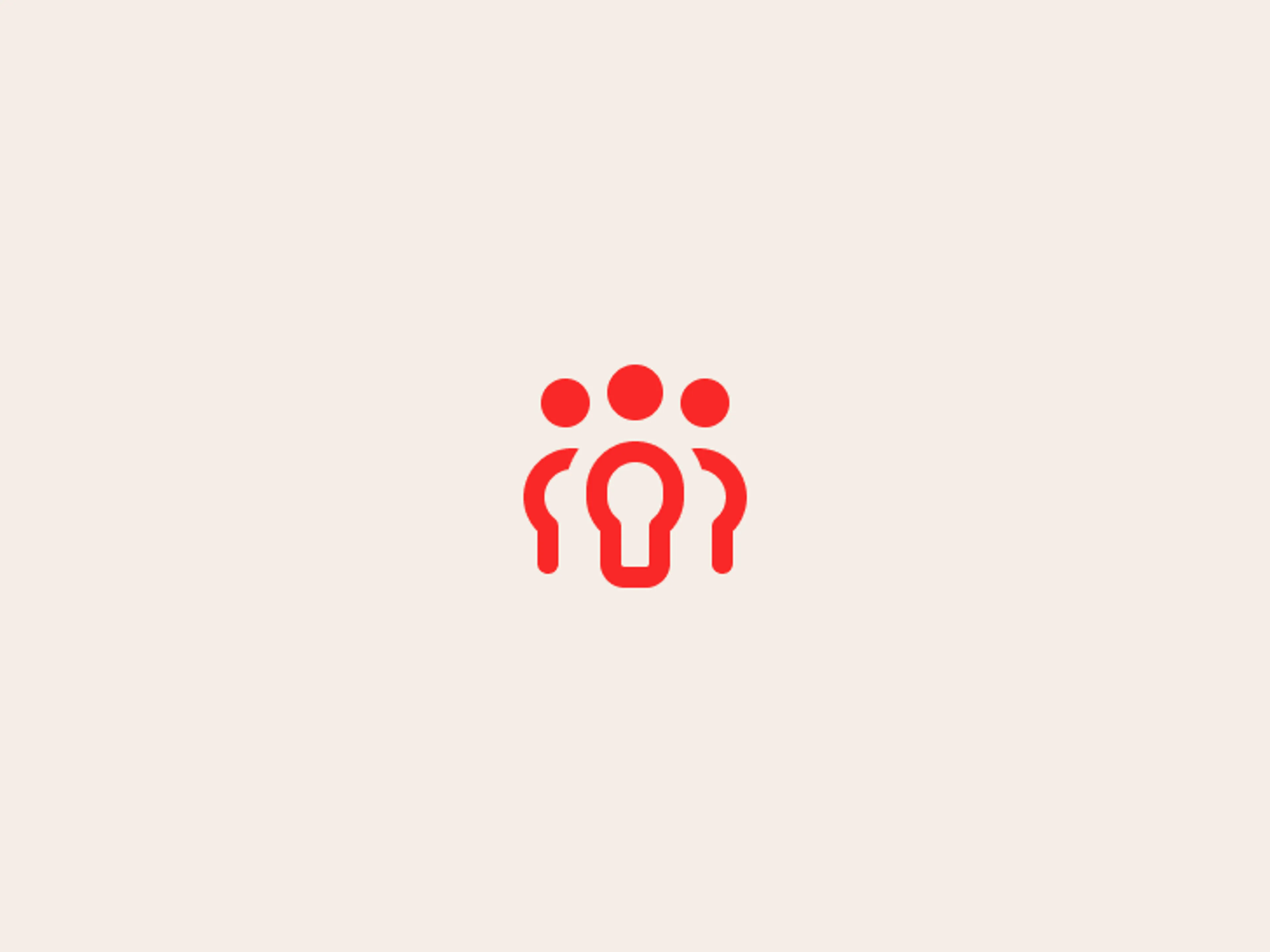 A simple red icon of three people on a light beige background, with one central figure in front and two smaller figures on either side, symbolizing a community or group.