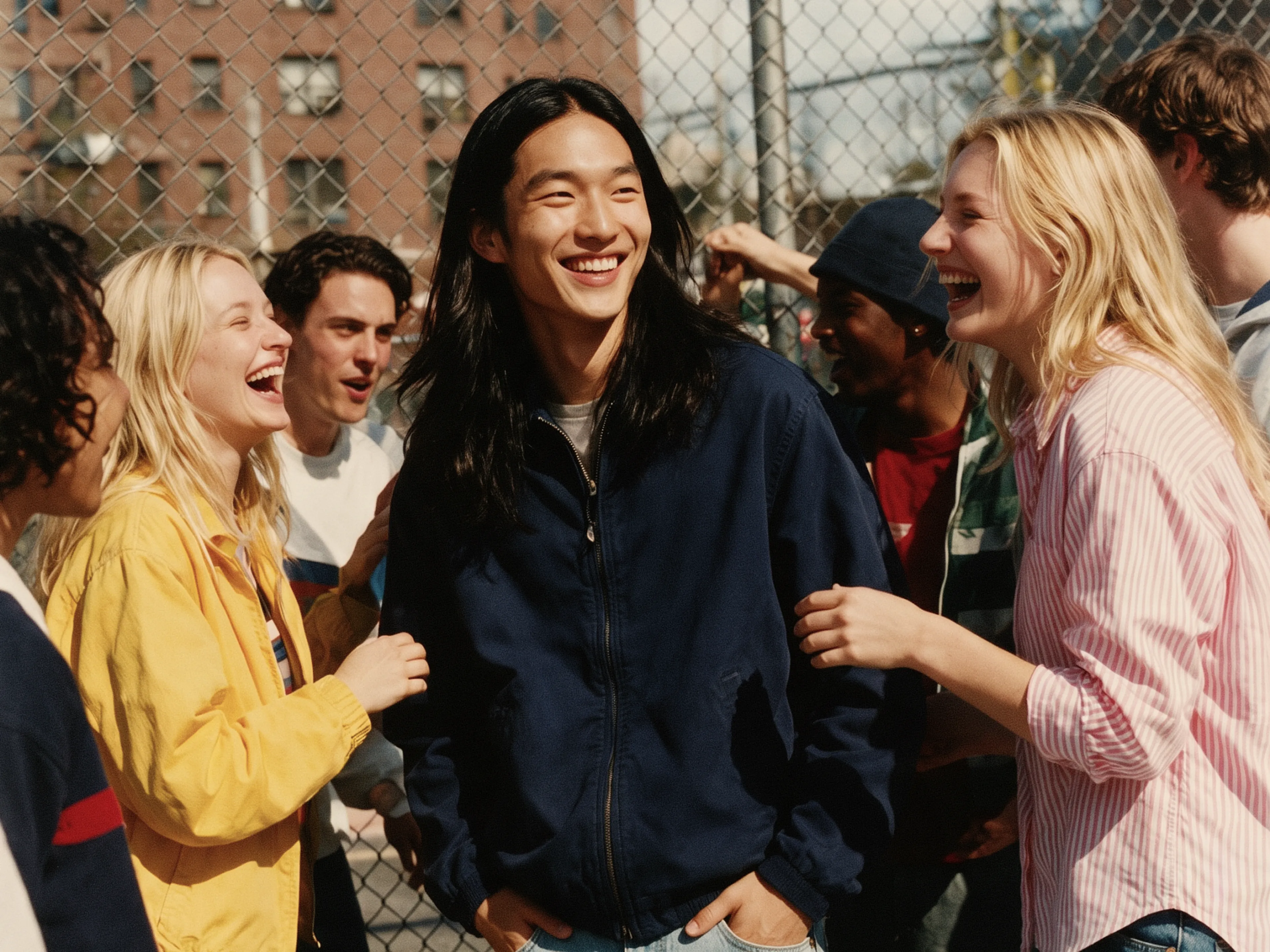 A group of young adults stands outside by a chain-link fence, laughing and smiling together on a sunny day.