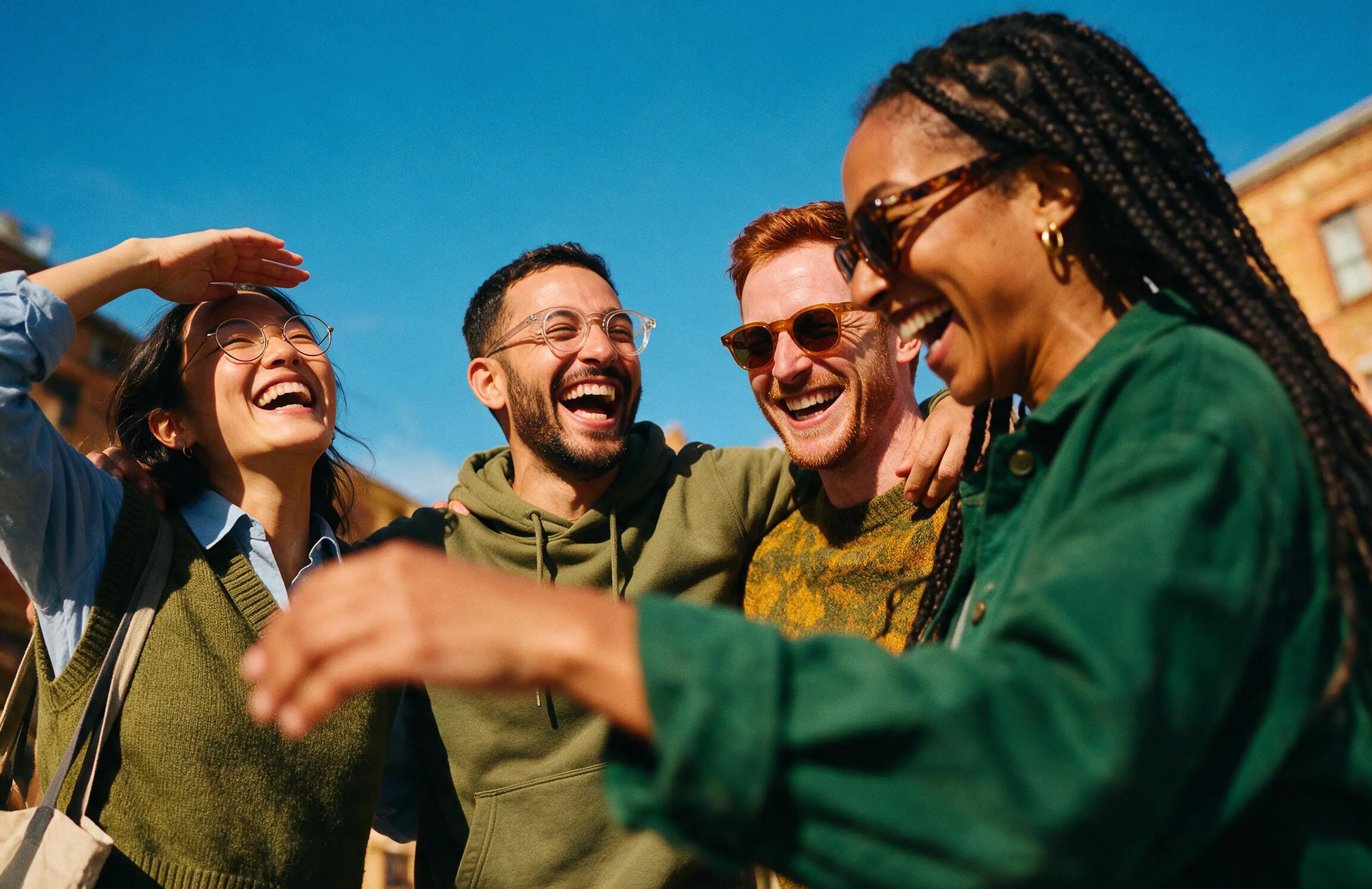 Four friends stand close together outside, smiling and laughing under a clear blue sky. They are wearing casual clothes and glasses, enjoying a sunny day and each others company.