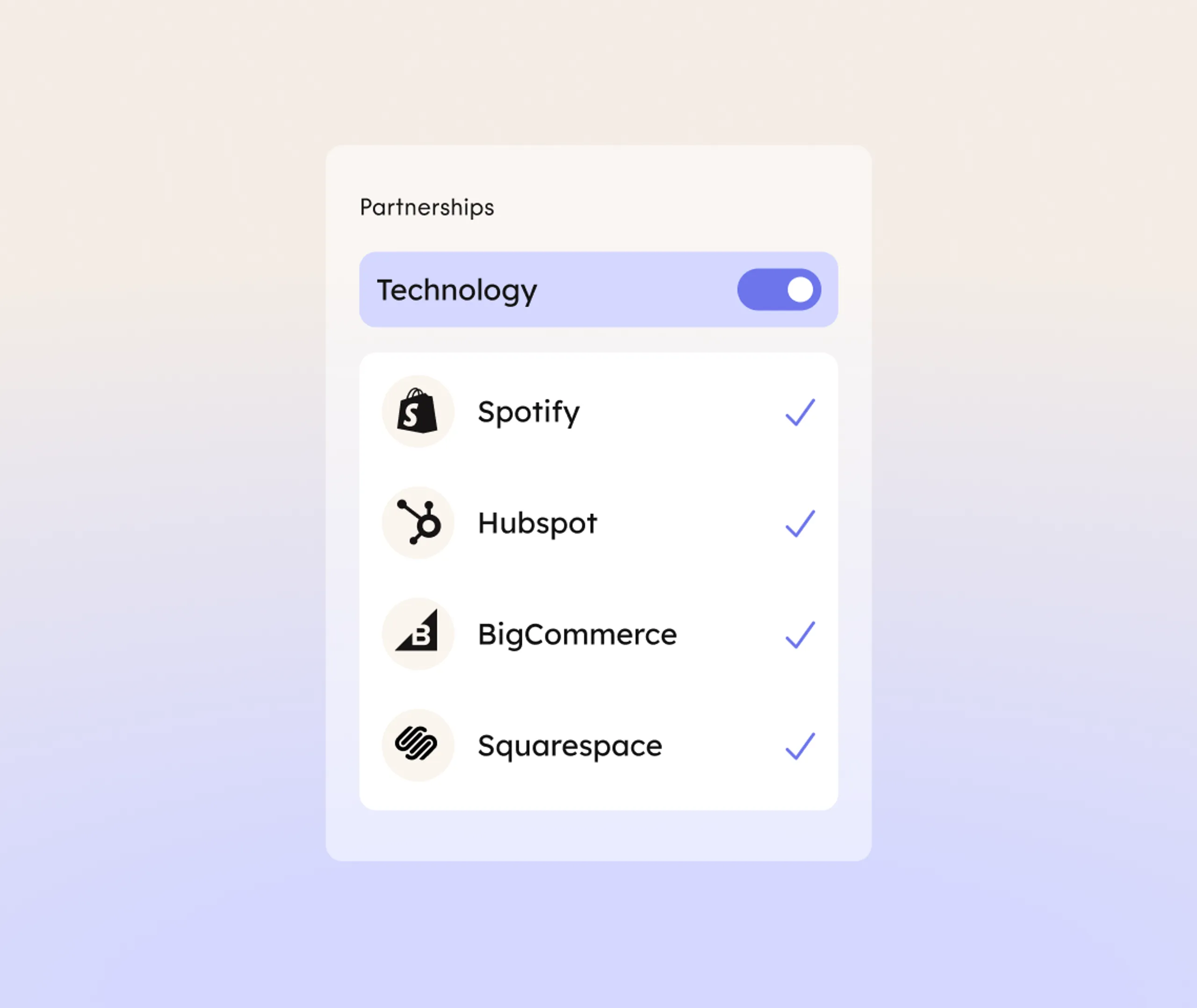 A UI panel labeled Partnerships shows a toggled-on Technology section listing Shopify, Hubspot, BigCommerce, and Squarespace, each with an icon and a blue checkmark.