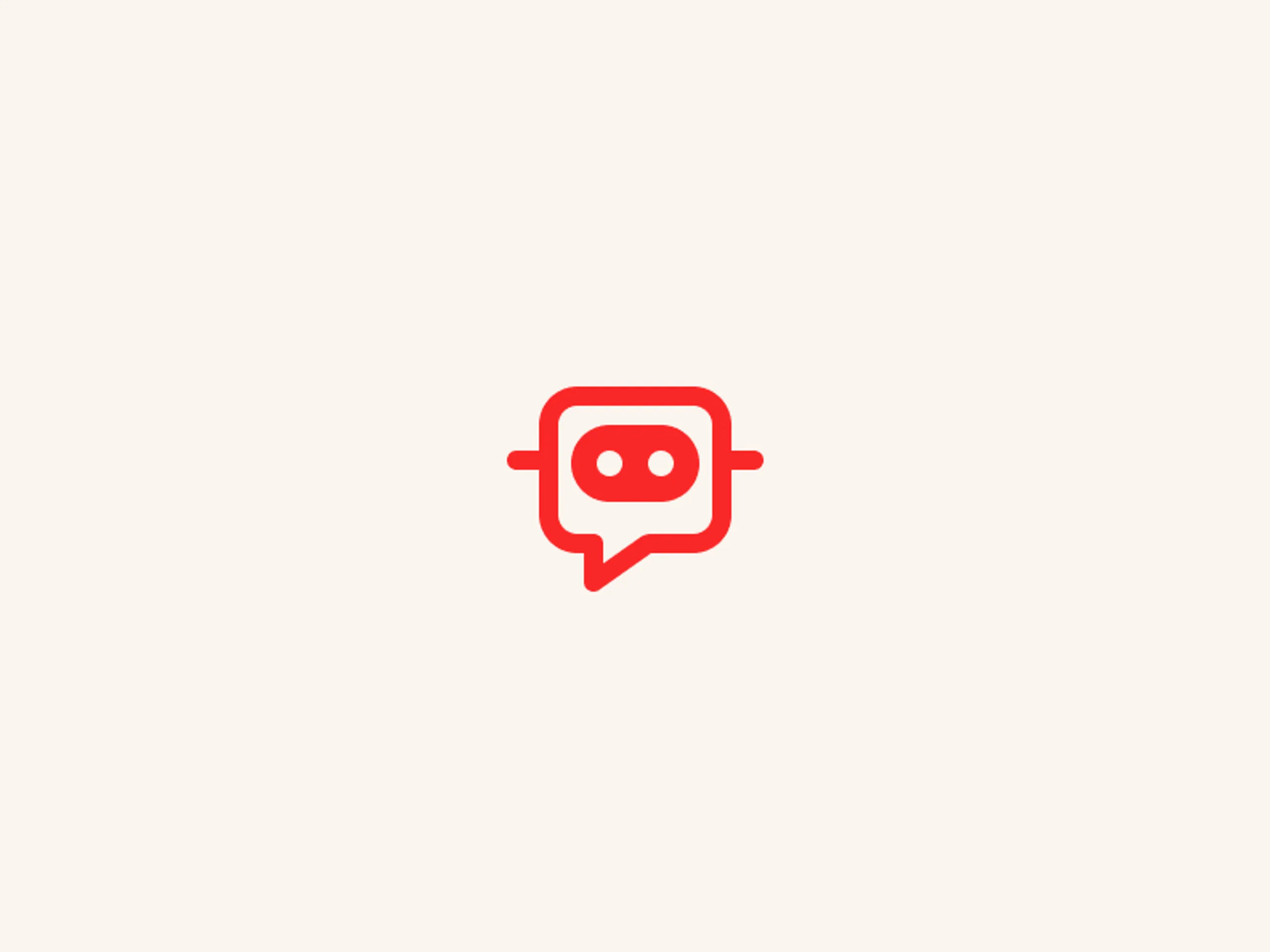 A simple red chatbot icon shaped like a speech bubble with two circular eyes is centered on a light beige background.