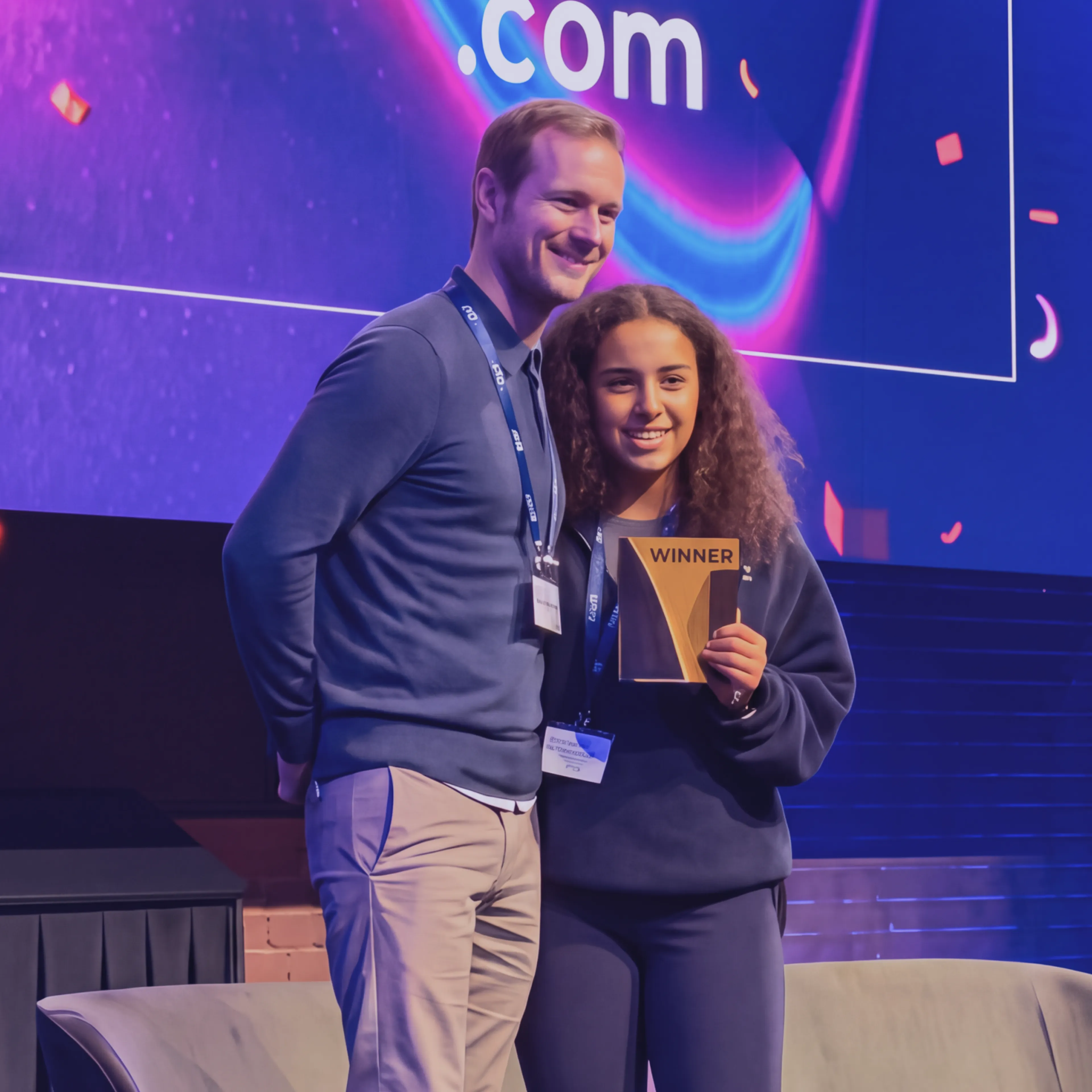 A man and a young woman stand together on stage, with the woman holding a gold award that says WINNER.