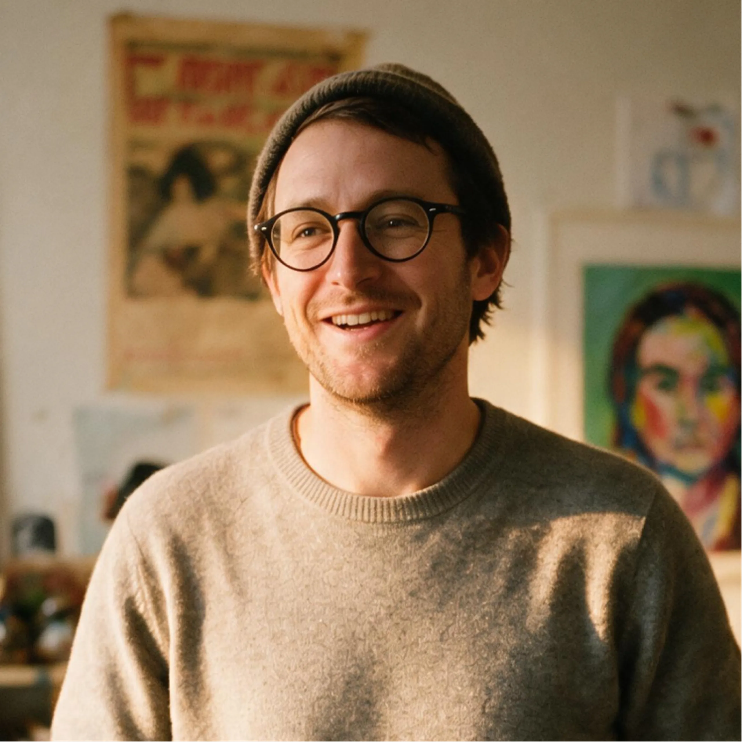 A smiling man with glasses and a beanie, wearing a grey sweater, stands indoors with artwork and posters on the wall behind him.