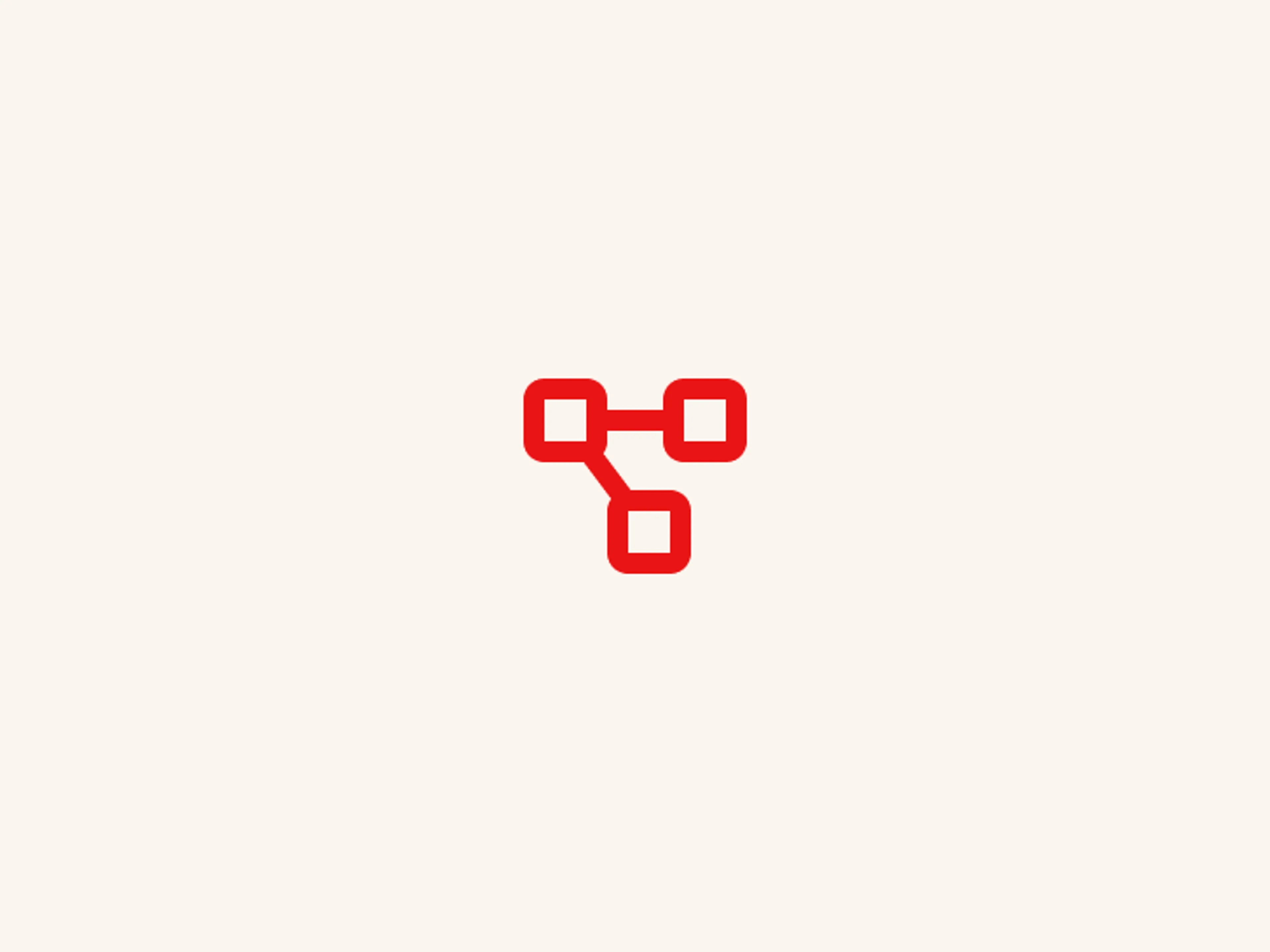 A red, minimalist flowchart icon with three connected squares on a light beige background, representing connectivity or a network.